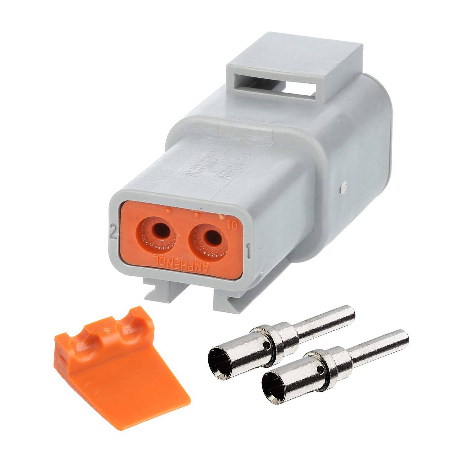 Ein zweipinniger grauer elektrischer Anschluss mit einer orangefarbenen Kappe und zwei Metallkontakten, der für sichere Drahtverbindungen in der Elektronik verwendet wird.