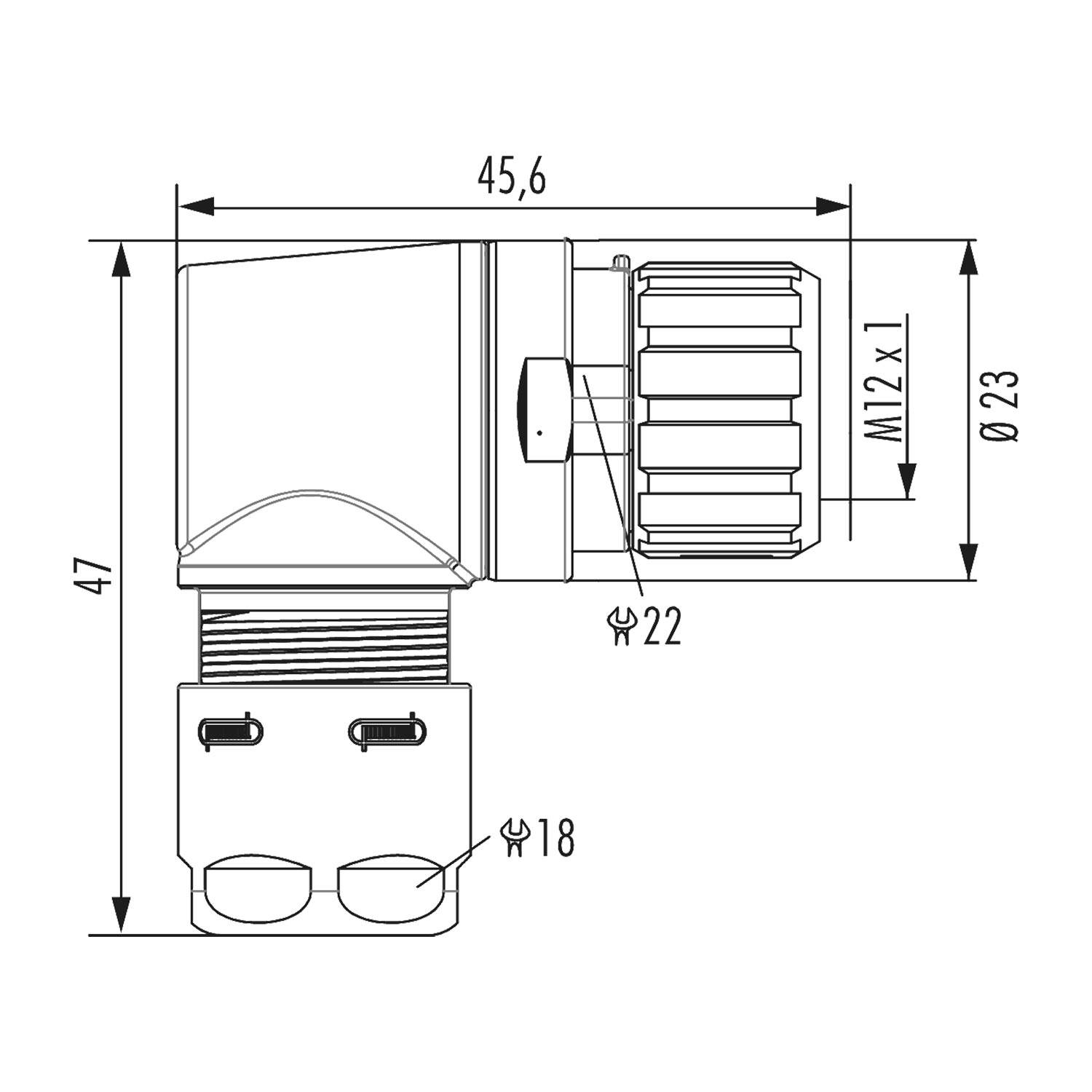 Technische Zeichnung eines Ellbogenverbinders mit Abmessungen: 45,6 mm Länge, 47 mm Höhe, M12x1 Gewinde, 23 mm und 22 mm Durchmesser.