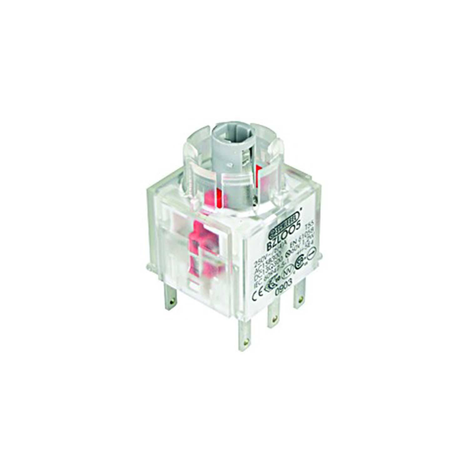 Ein transparenter elektronischer Schalter mit rotem Innenmechanismus, beschriftet mit Spezifikationen und Zertifizierungen, geeignet für elektronische Geräte.