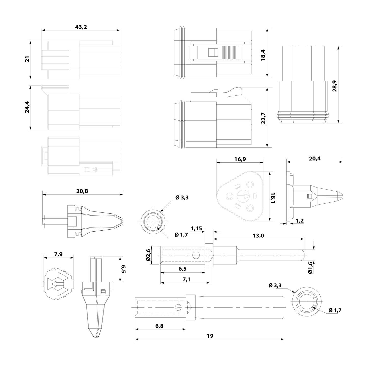 Technische Zeichnung verschiedener mechanischer Komponenten mit Maßangaben. Enthält Seiten-, Drauf- und Schnittansichten mit Detailmessungen.