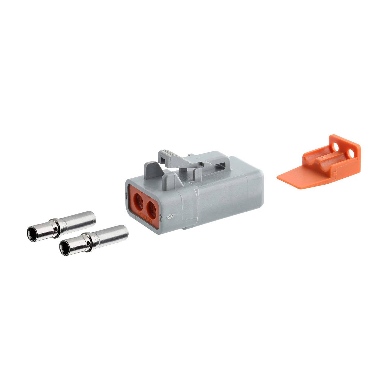 Ein zweipinniger grauer Elektrostecker mit orangefarbener Kappe und zwei Metallstiften, verwendet für sichere Kabelverbindungen in Automobil- oder Industrieanwendungen.