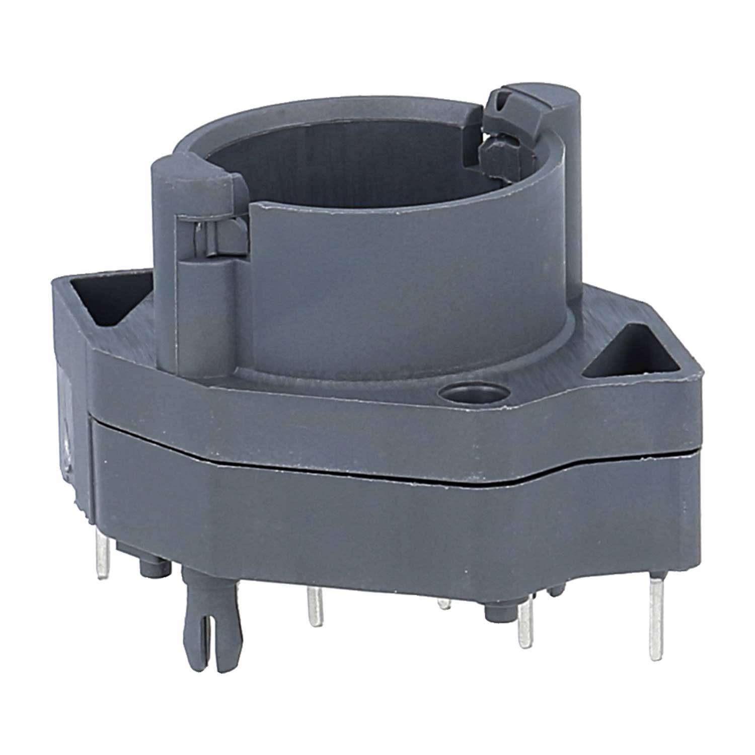 Eine graue Plastiksteckdosenkomponente mit mehreren Metallstiften, möglicherweise zum Anschluss eines elektronischen Geräts oder einer Leiterplatte.