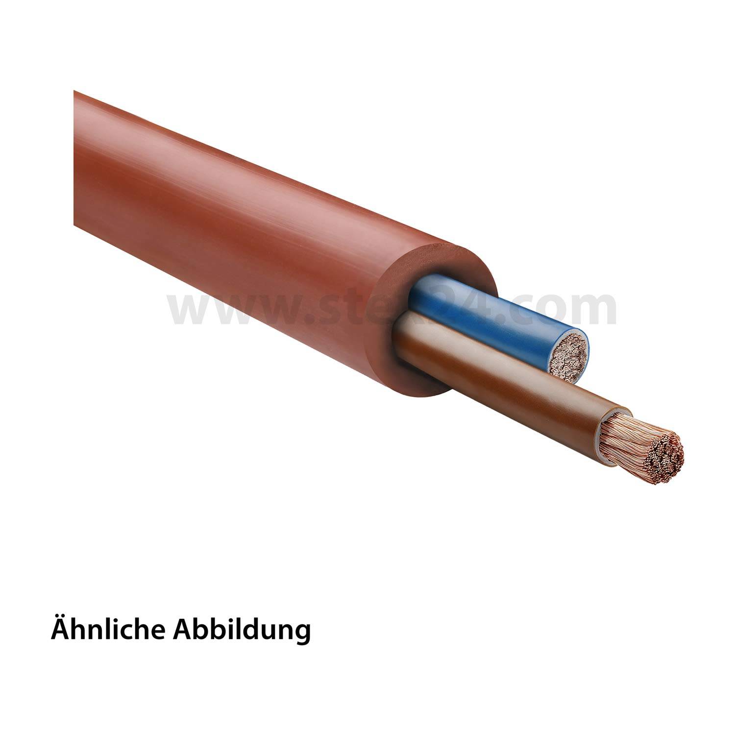 Ein braunes Kabel mit drei freigelegten Drähten: blau, braun und Kupferstränge. Text darunter liest sich 
