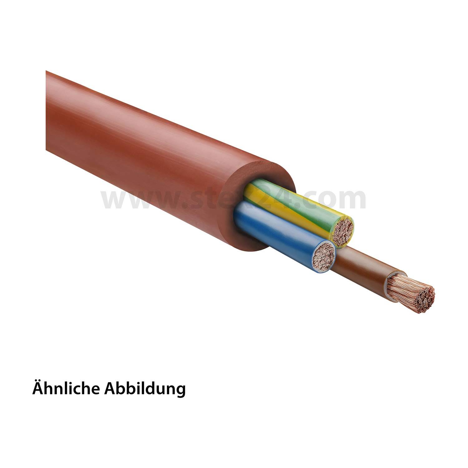 Ein Querschnitt eines elektrischen Kabels, der drei innere Drähte in verschiedenen Farben zeigt, die von einer braunen äußeren Schicht umschlossen sind.