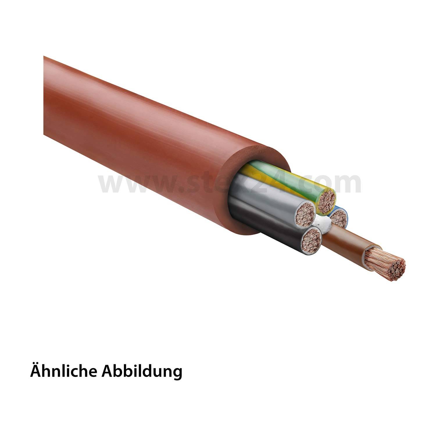 Ein Querschnitt eines Mehradrigen Elektrokabels, das mehrere innere Leitungen in verschiedenen Farben zeigt, die von einer braunen äußeren Schicht umschlossen sind.
