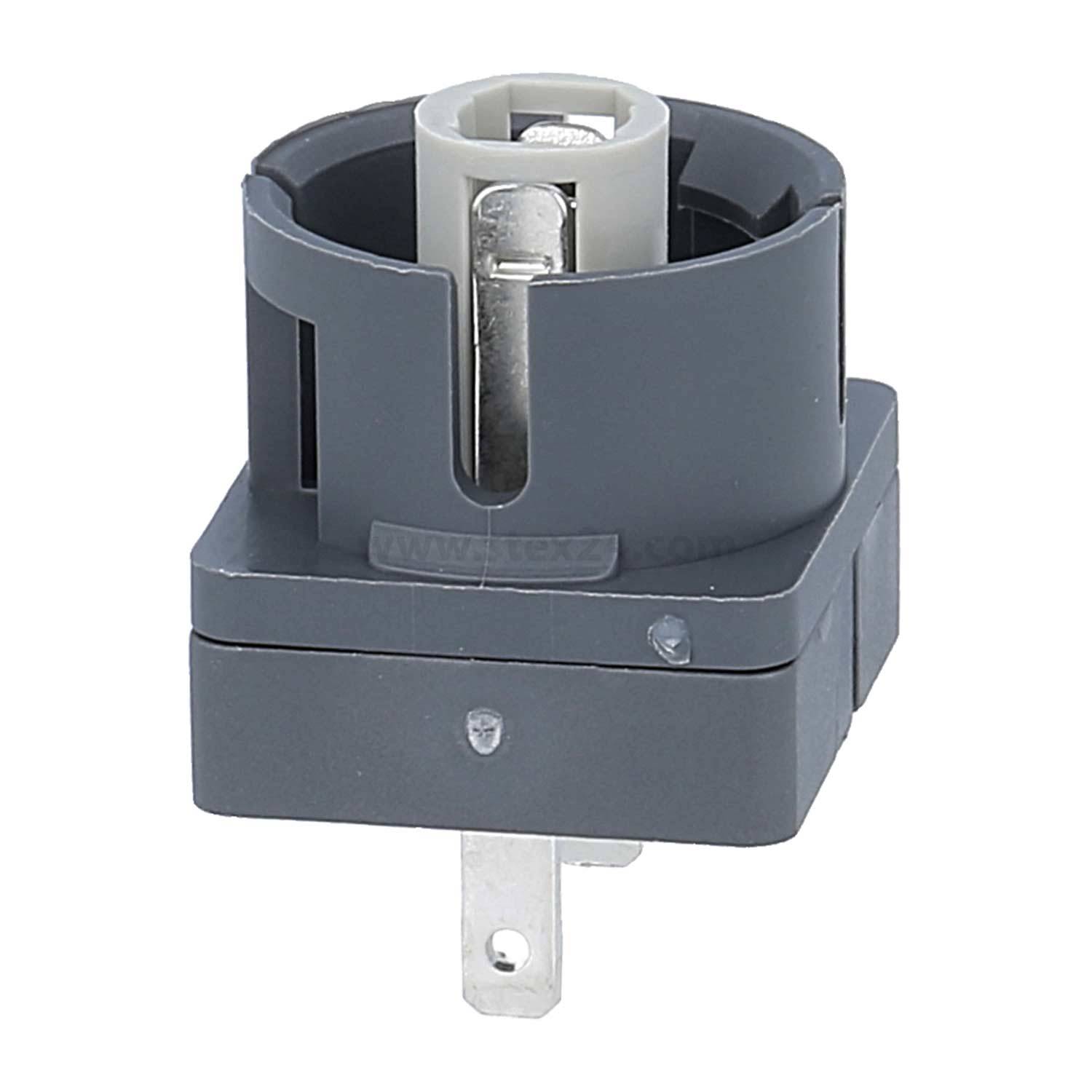 Ein grauer elektrischer Steckeradapter, der für ein bestimmtes Gerät entwickelt wurde, mit einer Zweipolkonfiguration und einer zentralen kreisförmigen Buchse.