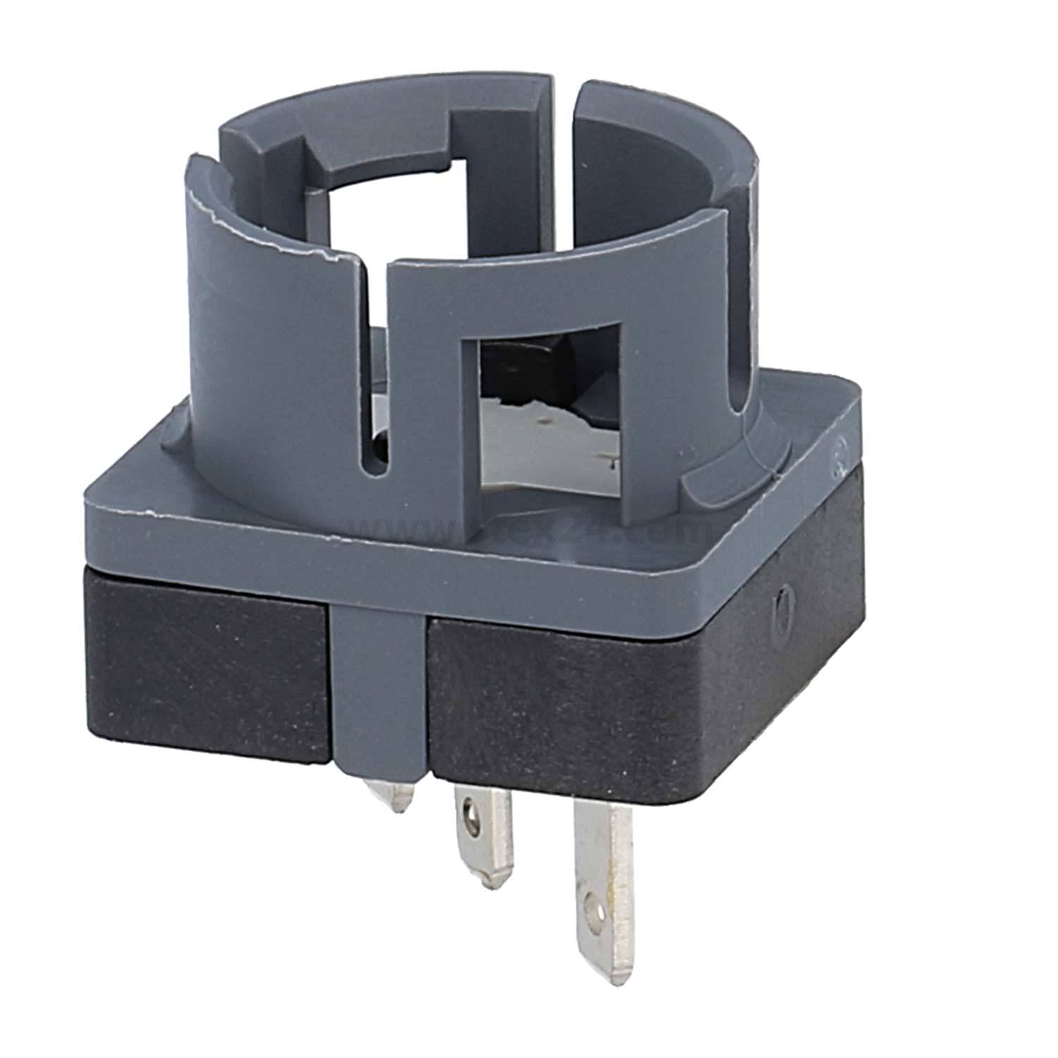 Ein grauer und schwarzer Kunststoff-Steckdosenadapter mit Stiften. Er hat ein zylindrisches Design mit offenen Seiten zum Einstecken von Steckern.