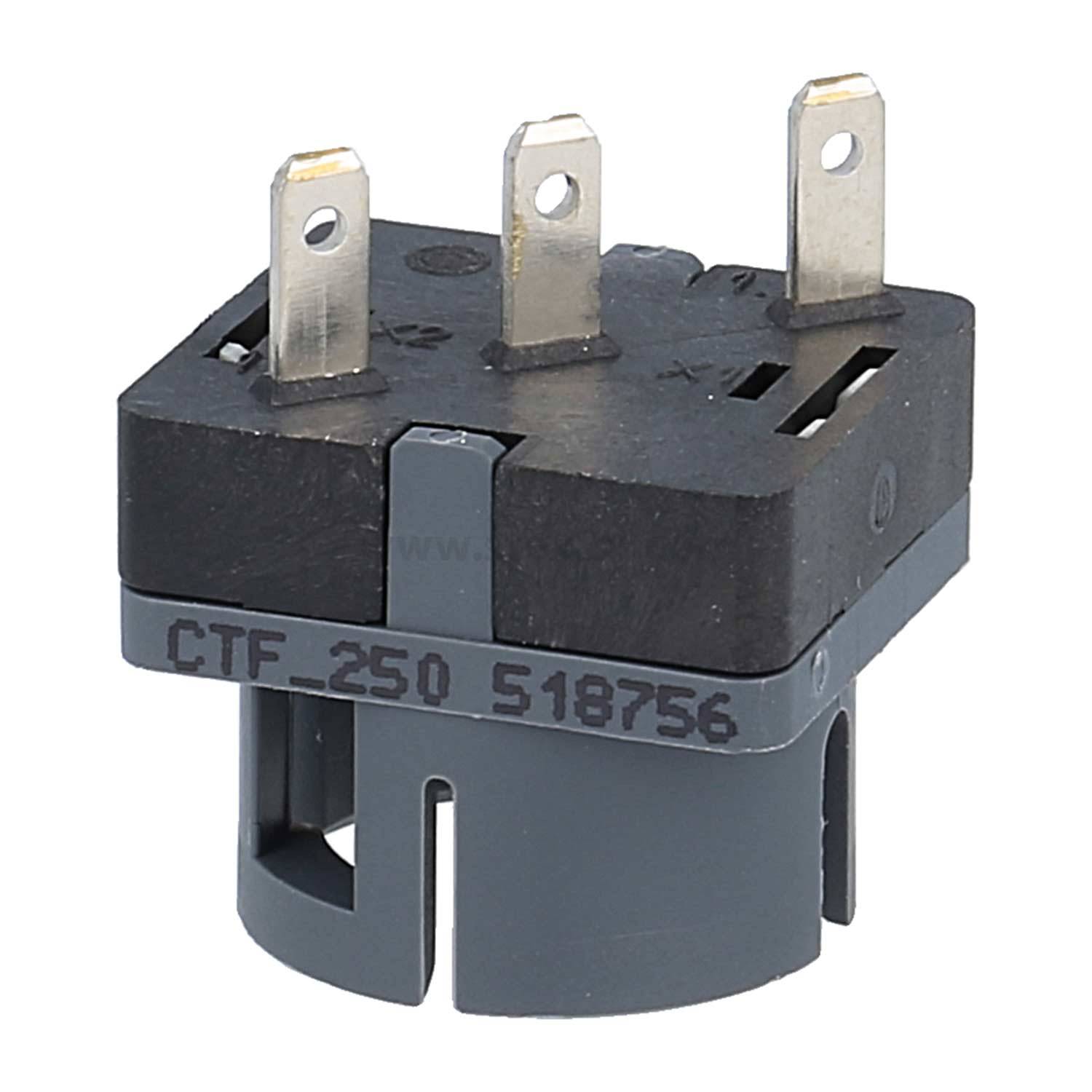 Ein schwarzer und grauer Schaltrelais mit drei Metallstiften, mit der Bezeichnung CTF-250 518756, der typischerweise in elektronischen Schaltkreisen verwendet wird.