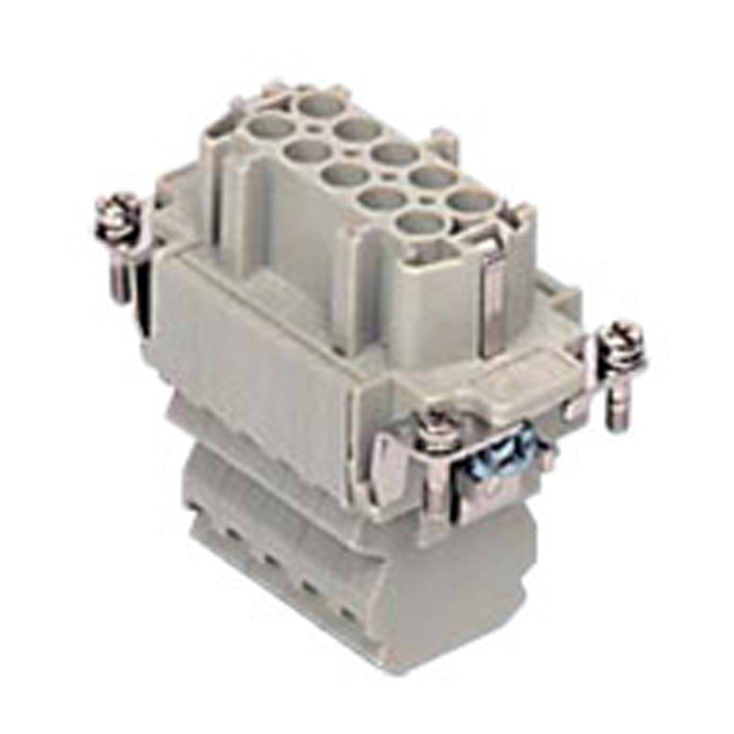 Robuster elektrischer Verbinder mit mehreren kreisförmigen Anschlüssen und Metallfixierungen, verwendet für industrielle Anwendungen und Schaltkreise.