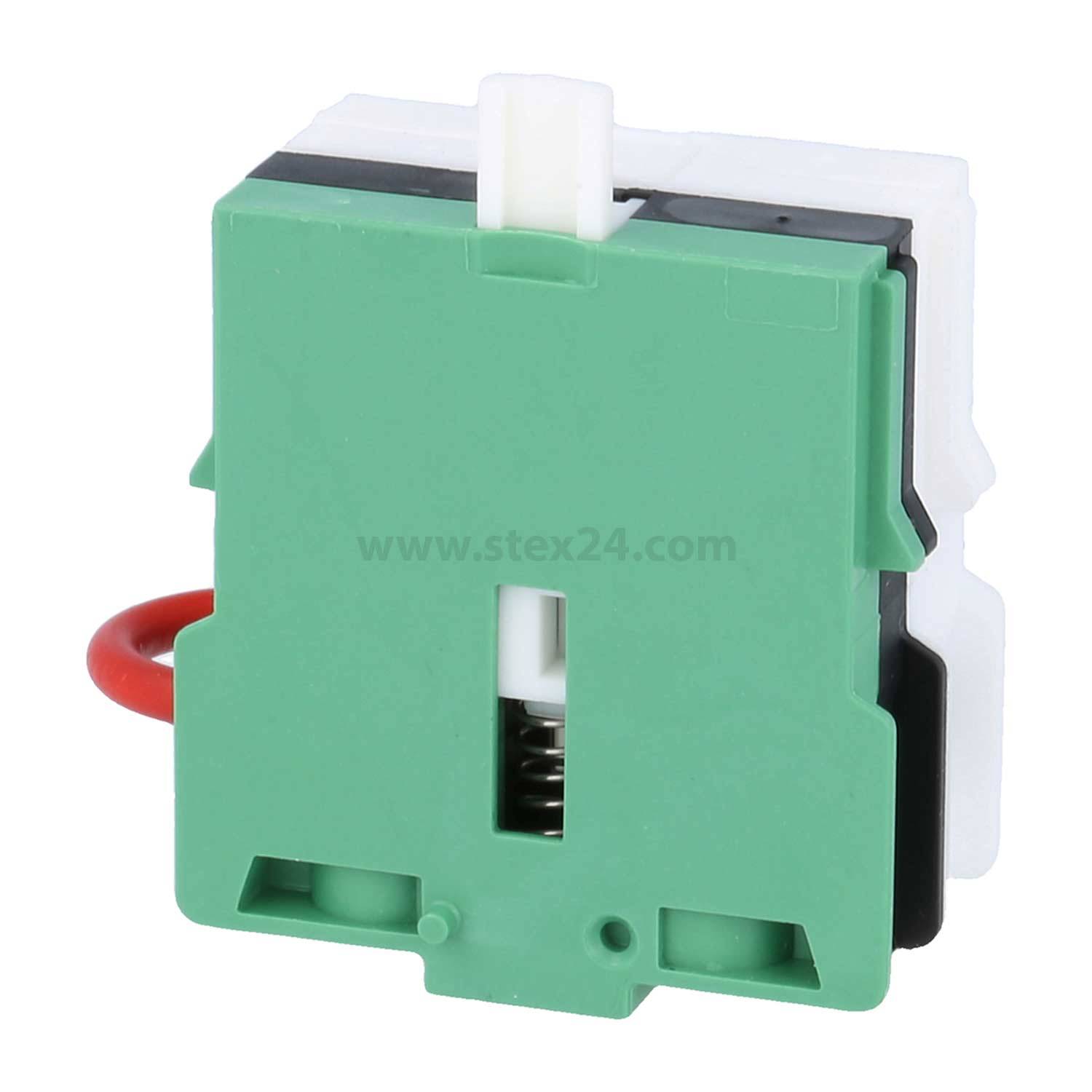 Eine grüne, rechteckige elektronische Komponente mit einem weißen Knopf und einem roten Draht, wahrscheinlich Teil eines Schalters oder Steuerungsmechanismus.