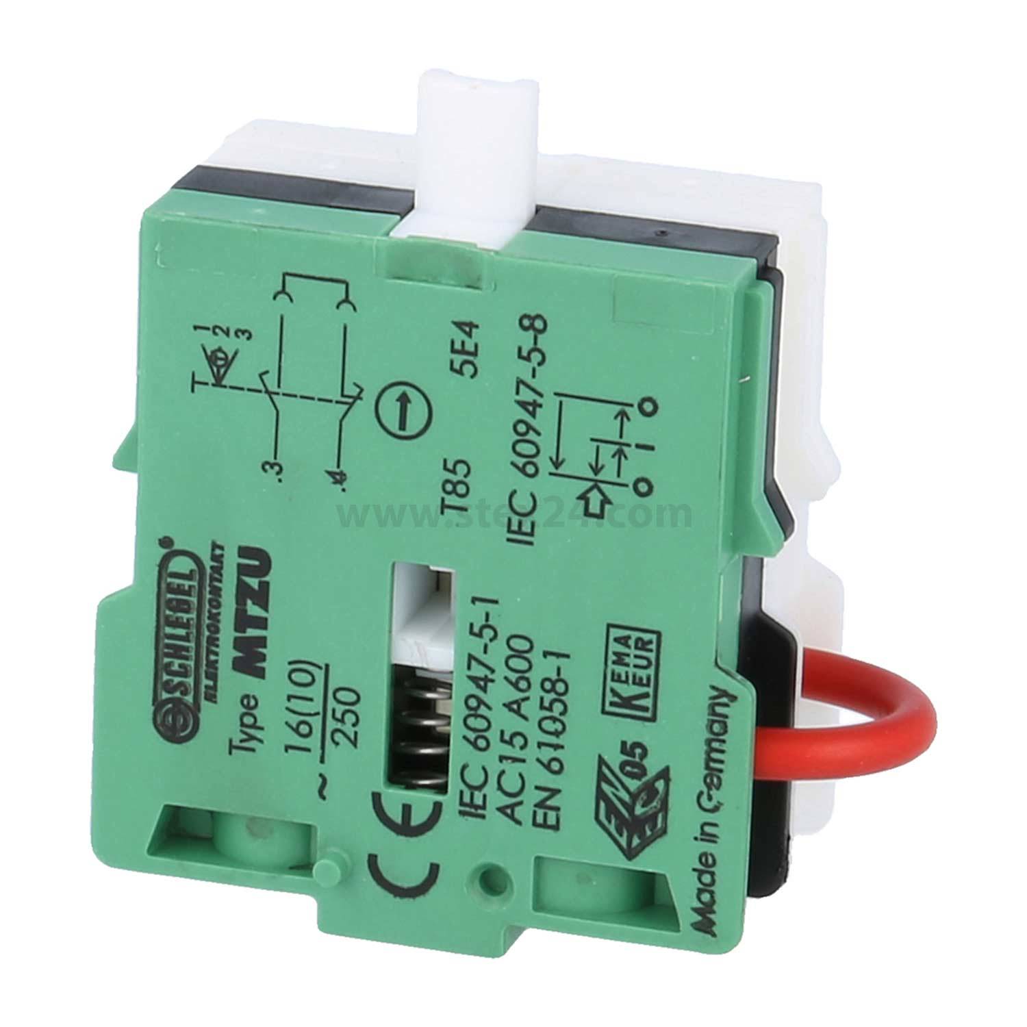 Grüne elektrische Schaltkomponente mit der Bezeichnung Typ MITZU, IEC-Zertifizierungen. Enthält Verdrahtungssymbole und Herstellerdetails. Hergestellt in Deutschland.