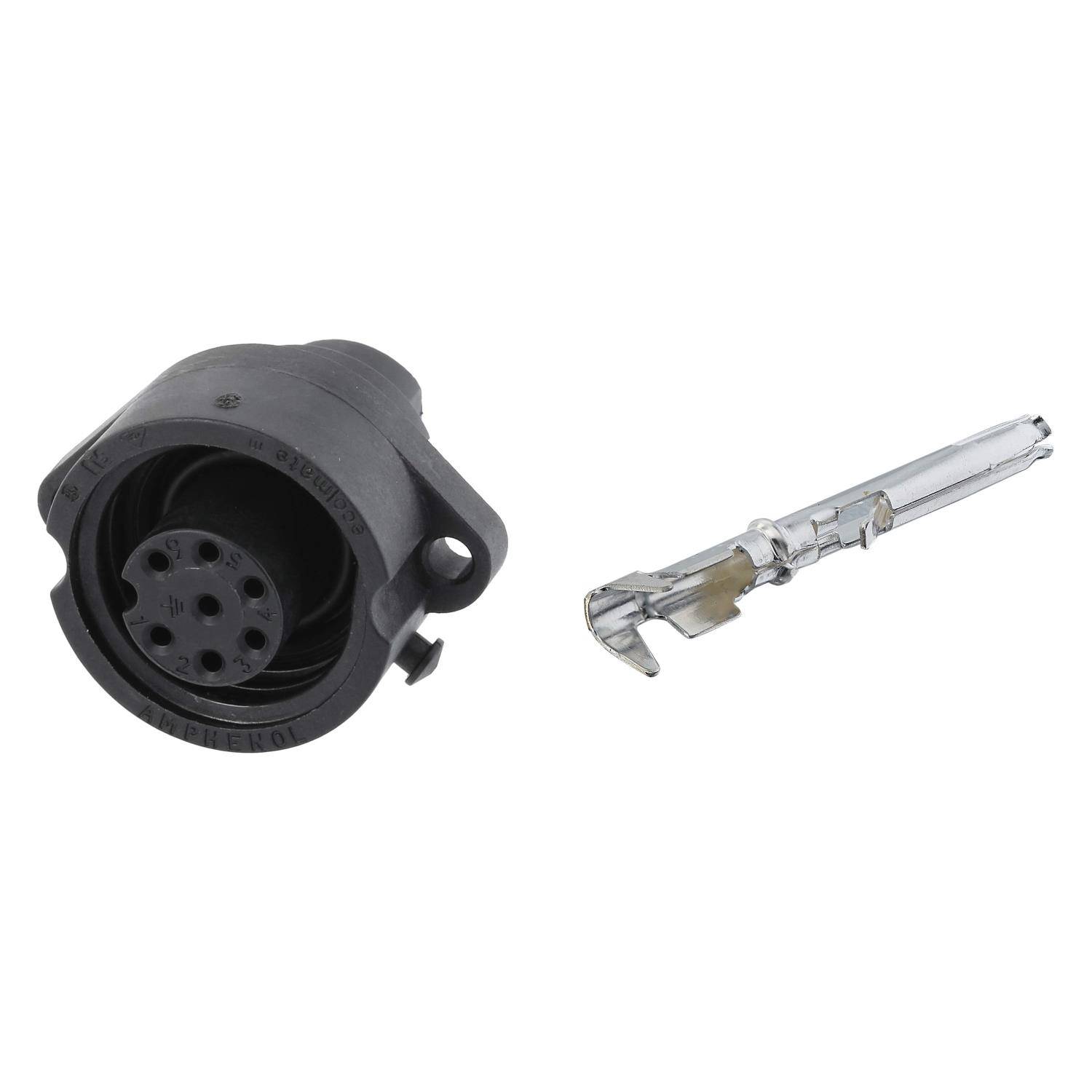 Ein schwarzer runder Stecker mit mehreren Buchseneinsätzen und einem Metallverbindungsstück, höchstwahrscheinlich Teil eines elektrischen oder Fahrzeugzubehörsystems.