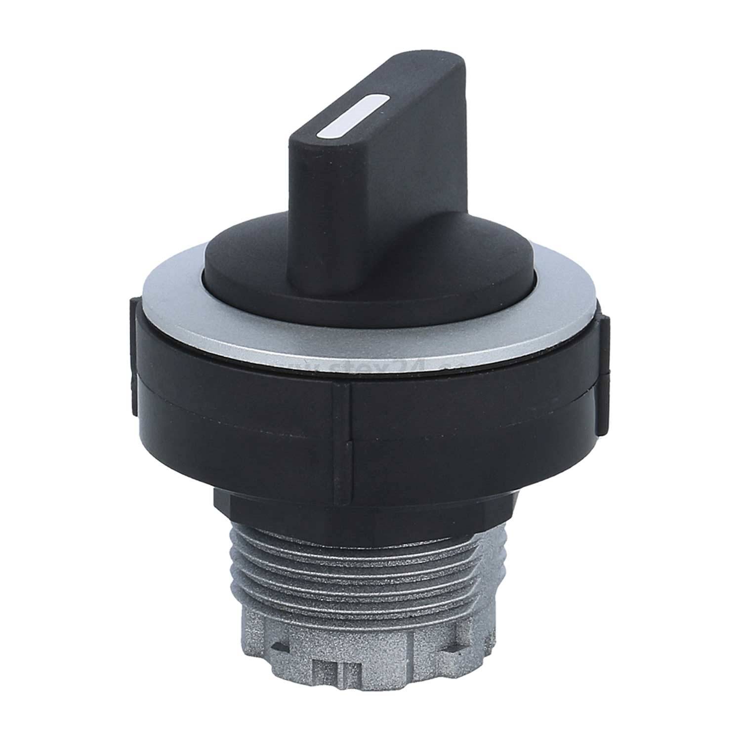 Drehschalter mit schwarz-silbernem Design, verwendet für Anwendungen in Bedienpanels. Der Schalter befindet sich in vertikaler Position.