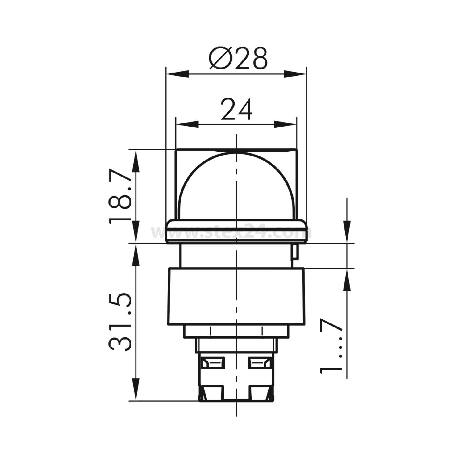 Technische Schalterskizze mit Maßangaben: Oberer Durchmesser Ø28, Basisdurchmesser 24, Höhensegmente 18,7 und 31,5 mm.