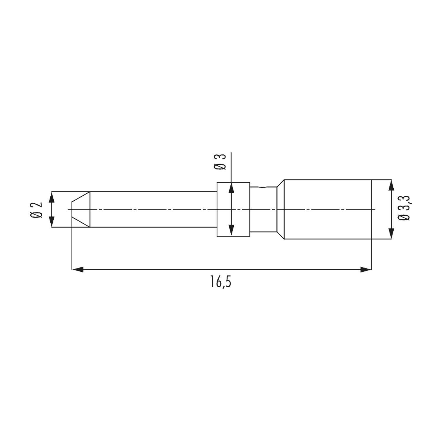 Eine technische Zeichnung eines Verbindungsstifts mit Abmessungen: Gesamtlänge 16,5 Einheiten, Durchmesser 2 Einheiten an der Spitze, 3 Einheiten in der Mitte, 3,3 Einheiten am Ende.