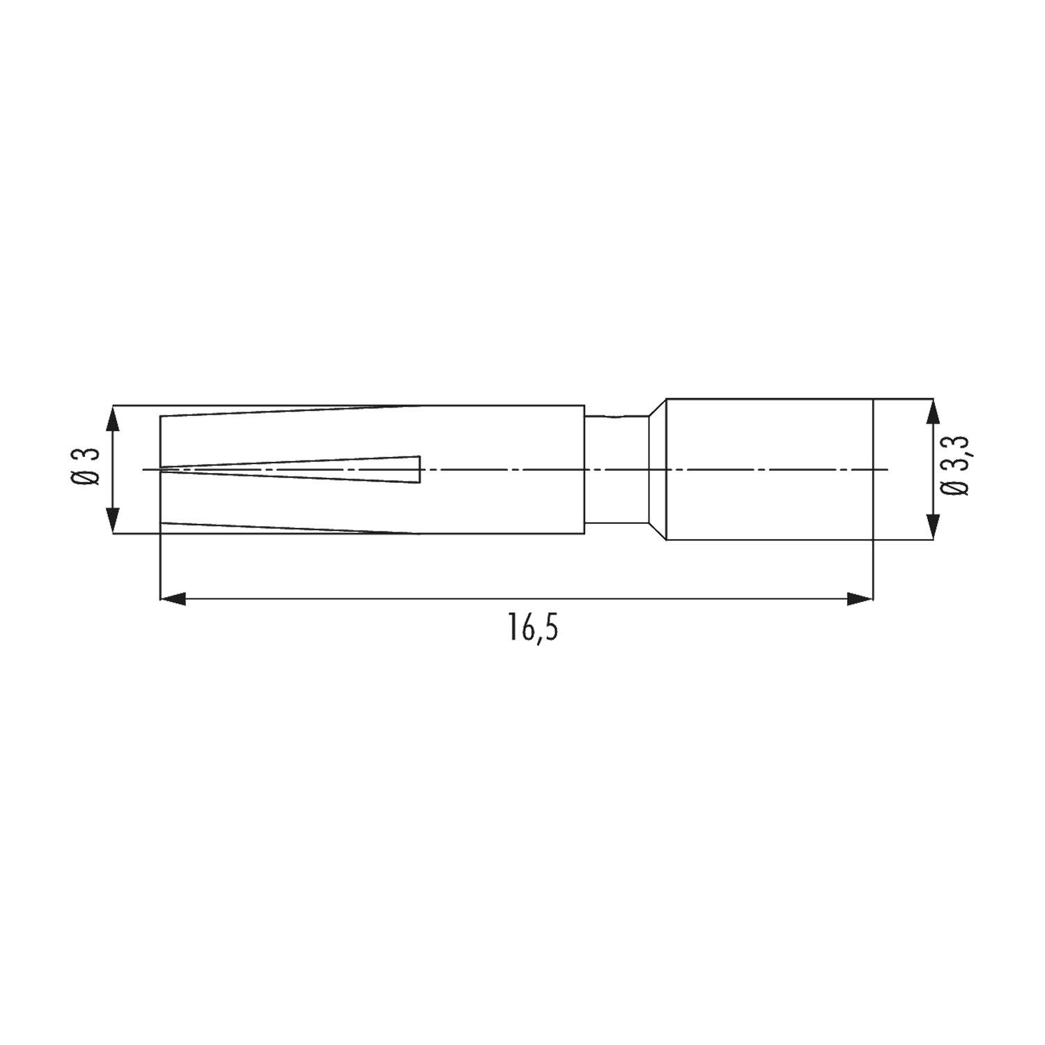 Eine technische Zeichnung eines zylindrischen Objekts, möglicherweise eines Bauteils, mit mehreren Durchmessermessungen: 0,3, 3,3, Länge 16,5.