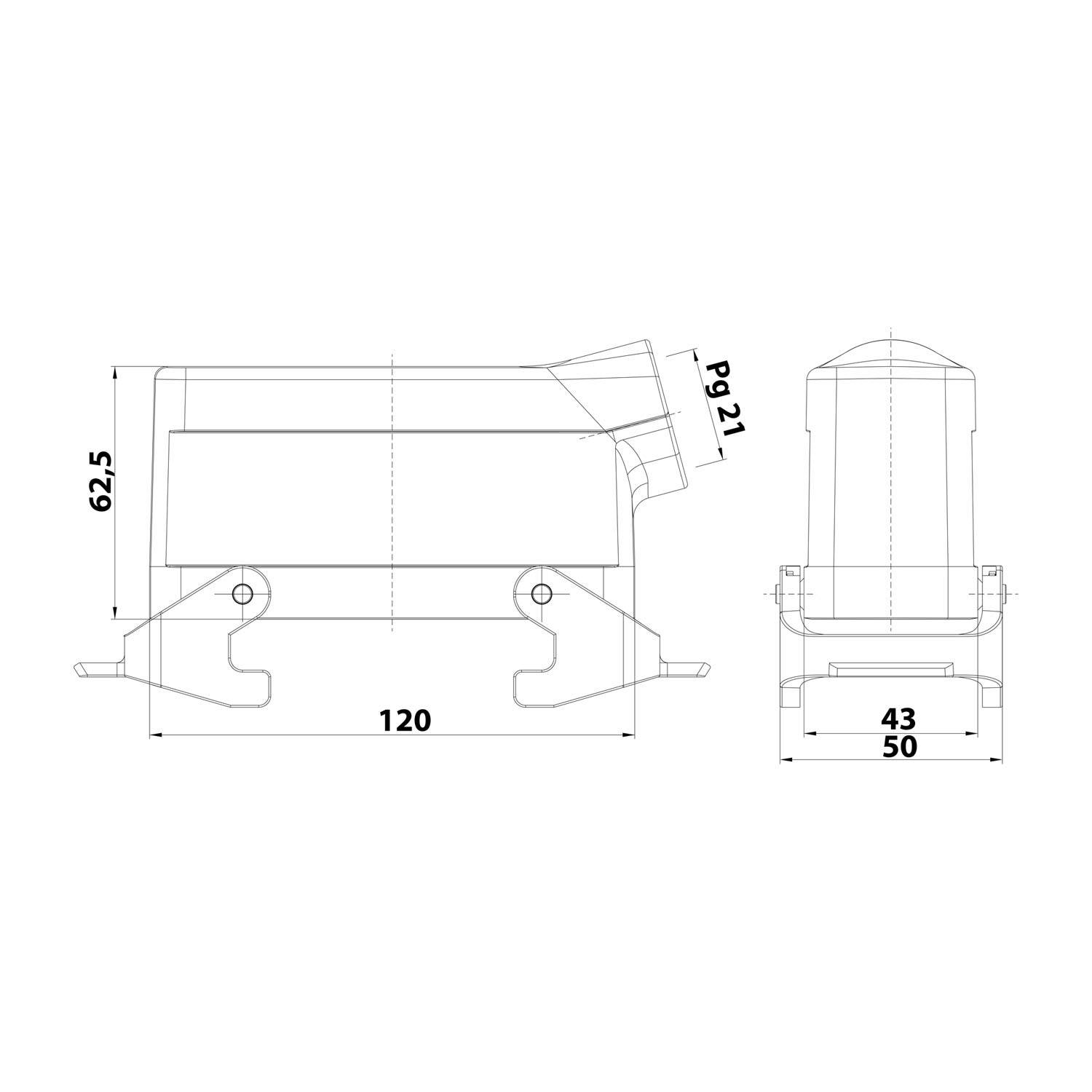 Technische Zeichnung eines Industrieteils mit Maßangaben: Breite 120, Höhe 62,5, Tiefe 43/50 und PG 21 Anschlusswinkel. Seiten- und Frontansicht.