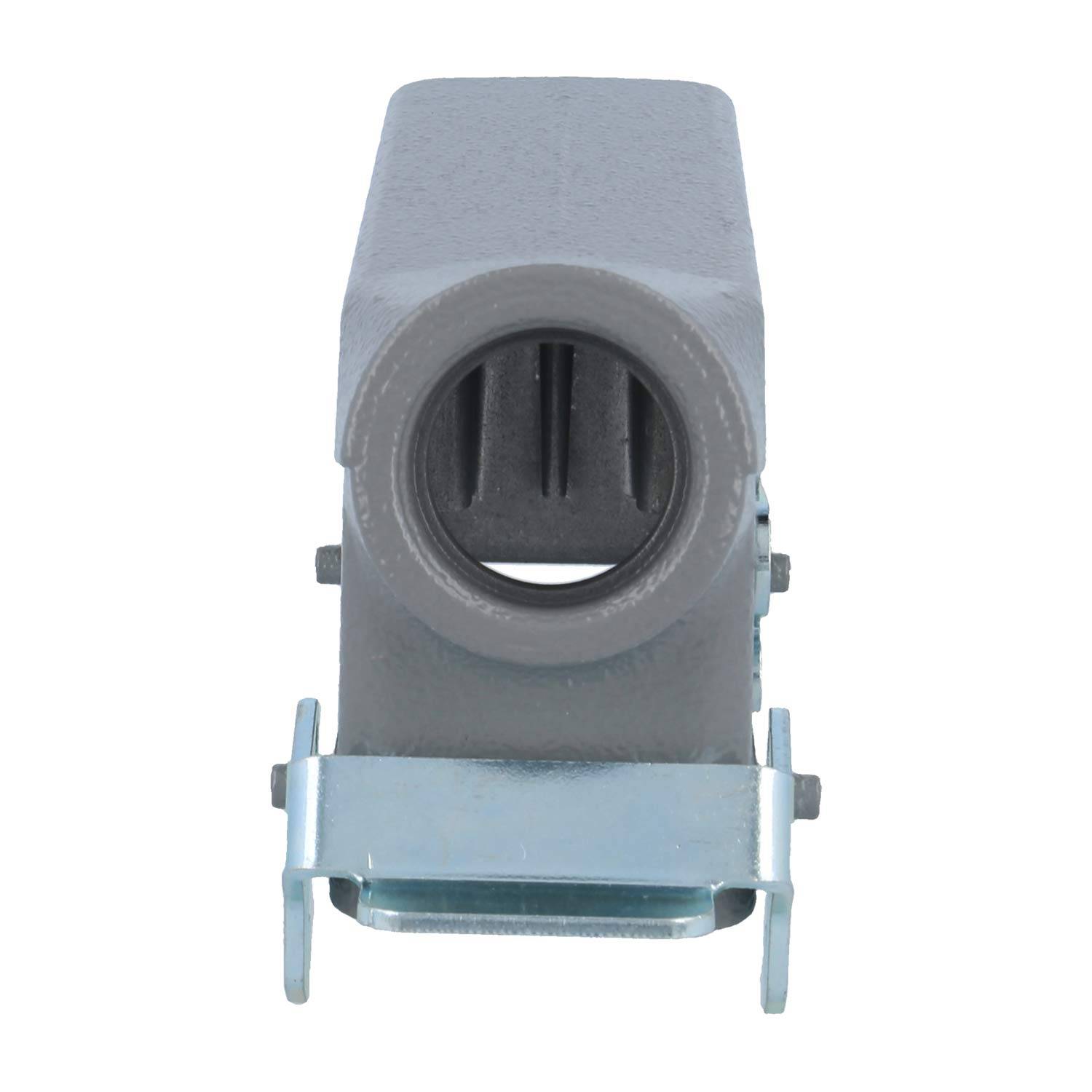 Ein grauer rechteckiger Gegenstand mit einer kreisförmigen Öffnung auf einer Metallbasis.