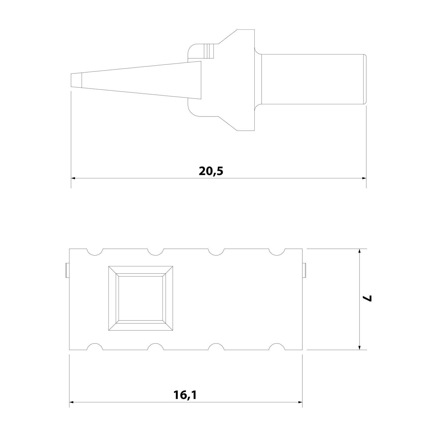 Technische Zeichnung einer elektronischen Komponente mit Abmessungen: Länge 20,5 Einheiten, Breite 16,1 Einheiten und Höhe 4 Einheiten.