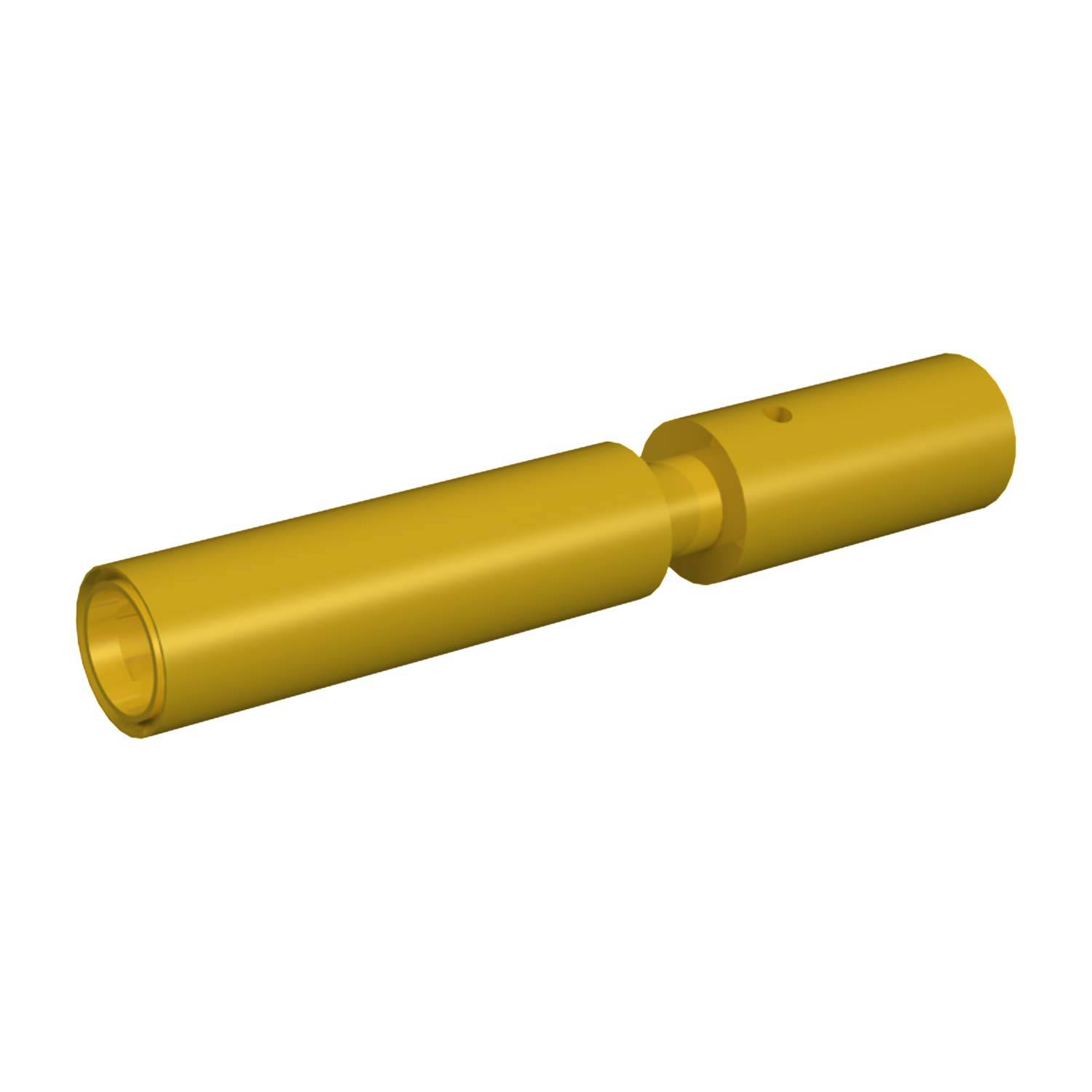 Eine gelbe zylindrische Metallstange mit einem Loch nahe einem Ende, höchstwahrscheinlich ein Verbinder oder eine Komponente für mechanische Anwendungen.