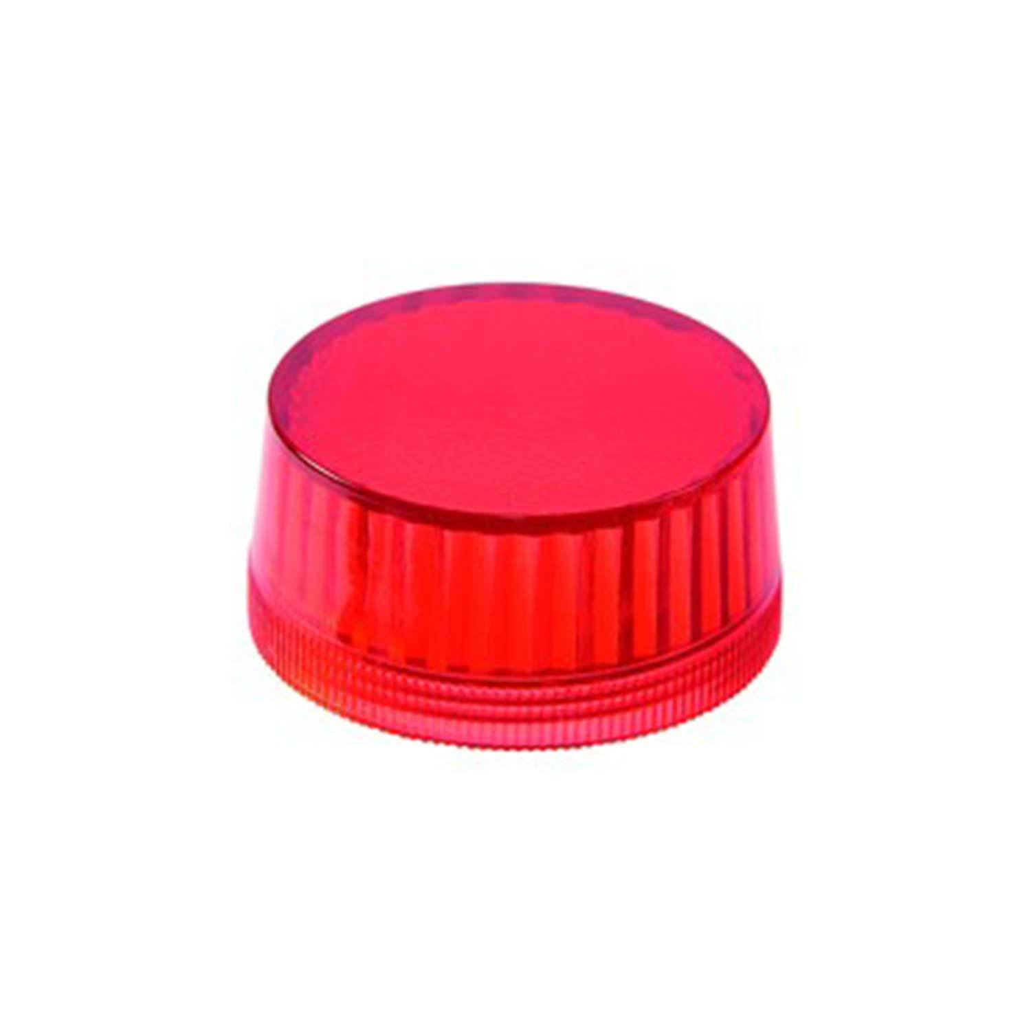 Eine rote Plastikflaschenverschluss mit gerippten Seiten, vor einem schlichten weißen Hintergrund dargestellt.