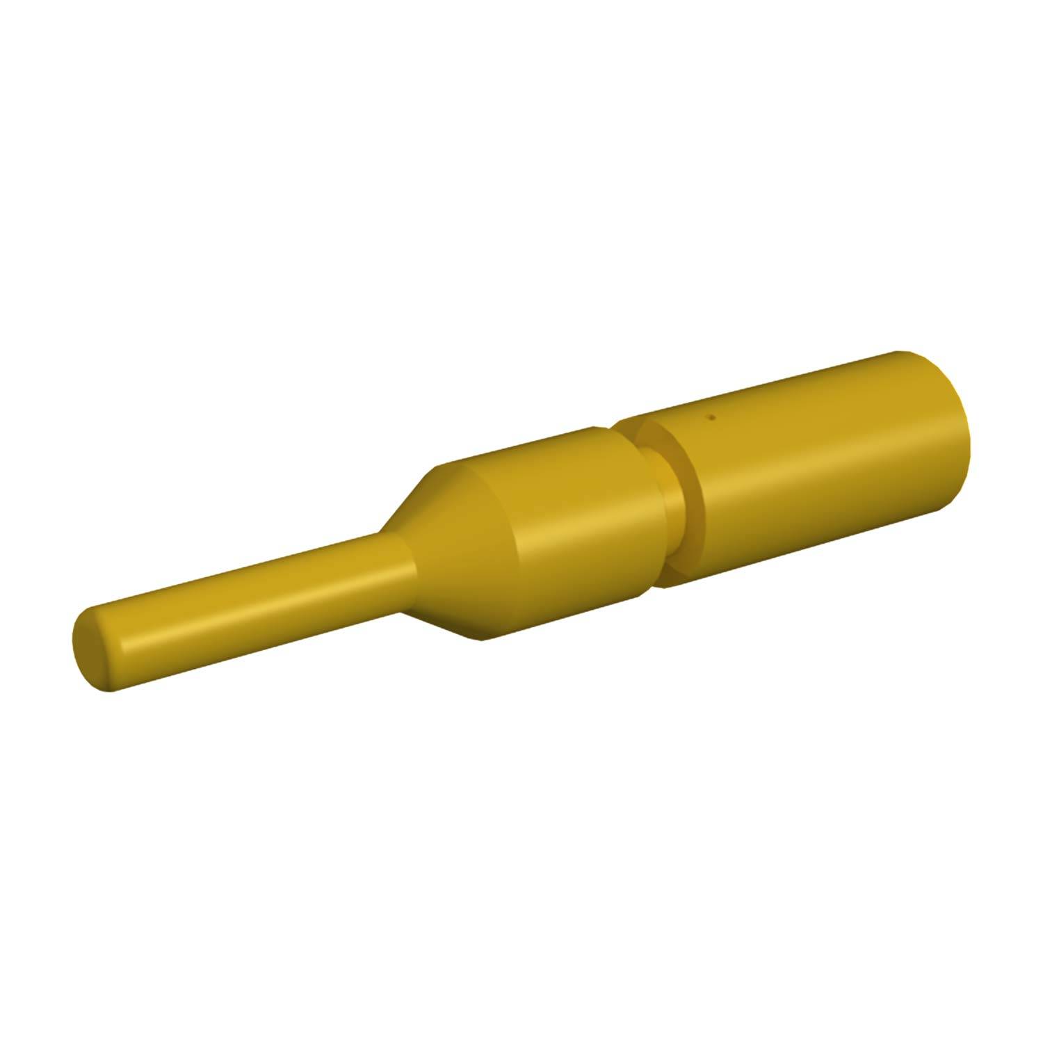 Eine 3D-Darstellung eines goldenen elektrischen Anschlusspins mit einem zylindrischen Körper und einem verjüngten Einsteckende, verwendet in elektronischen Bauteilen.