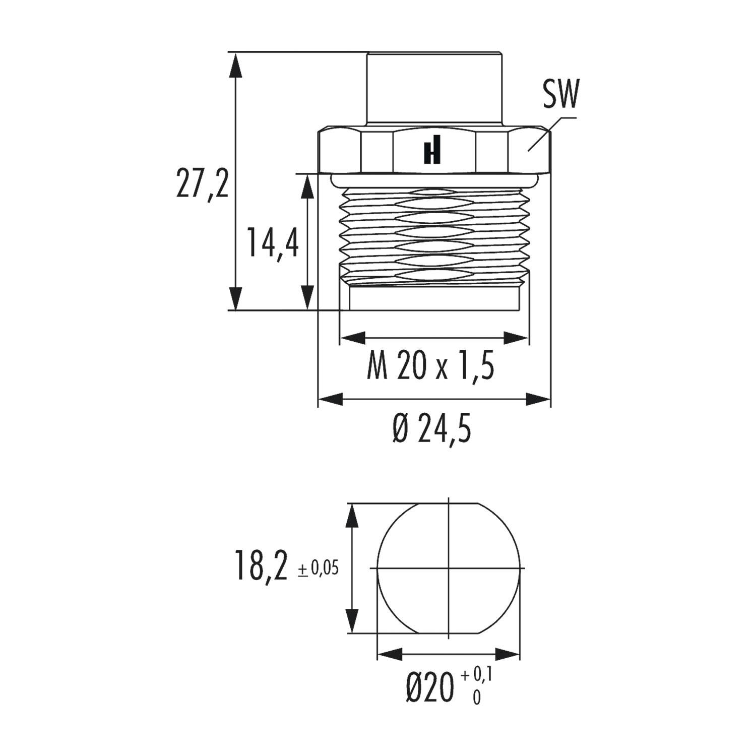 Technische Zeichnung eines Bolzens mit Dimensionen: Höhe 27,2 mm, Gewindegröße M 20 x 1,5, Durchmesser 24,5 mm. Draufsicht Durchmesser 20 mm.