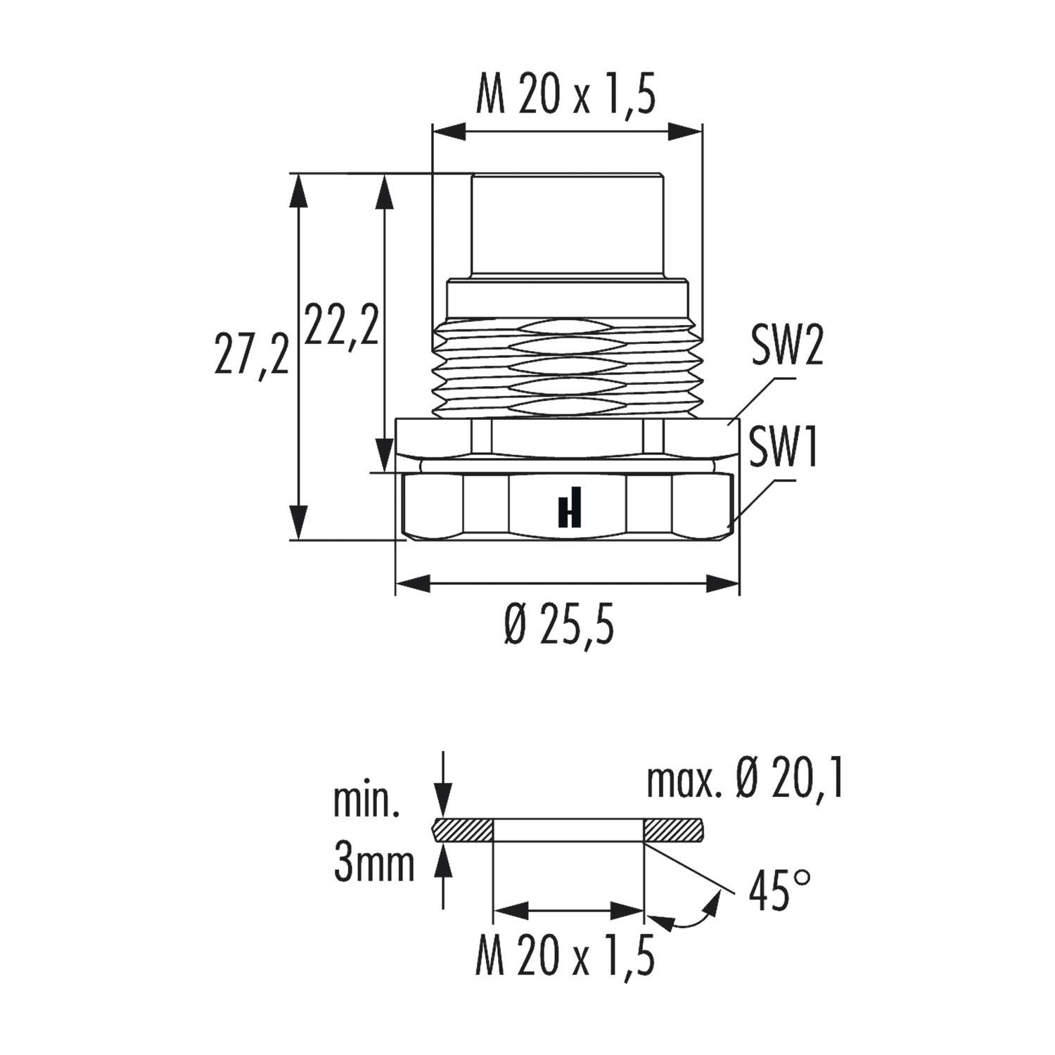 Technische Zeichnung einer Komponente mit Maßangaben: Hauptabmessung M 20 x 1,5, Höhe 27,2, Detailansicht zeigt min. 3 mm Breite und max. Ø 20,1 mit einem 45°-Winkel.