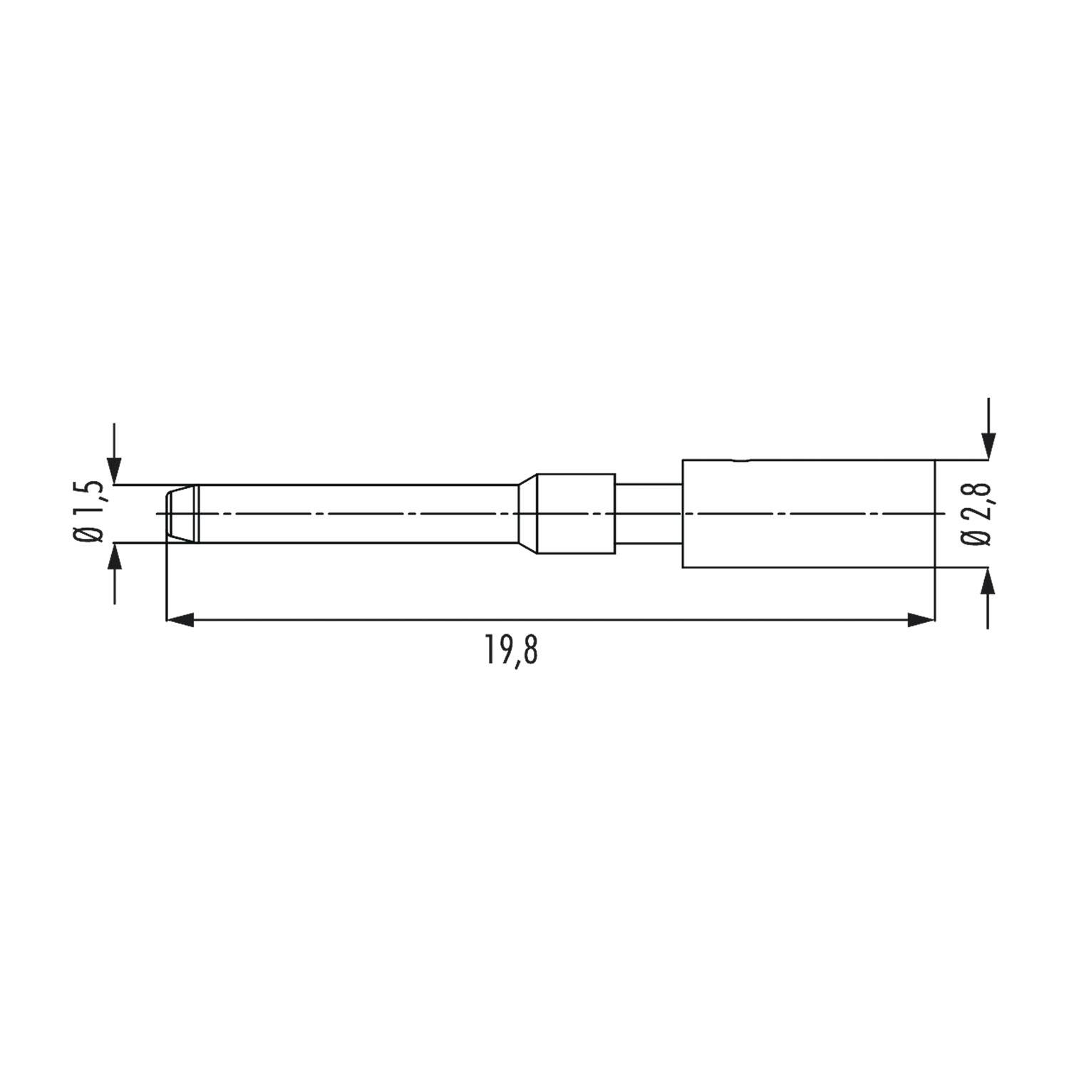 Technische Zeichnung eines zylindrischen Verbindungsstifts, 19,8 mm lang mit Durchmessern von 1,5 mm und 2,8 mm in verschiedenen Abschnitten.