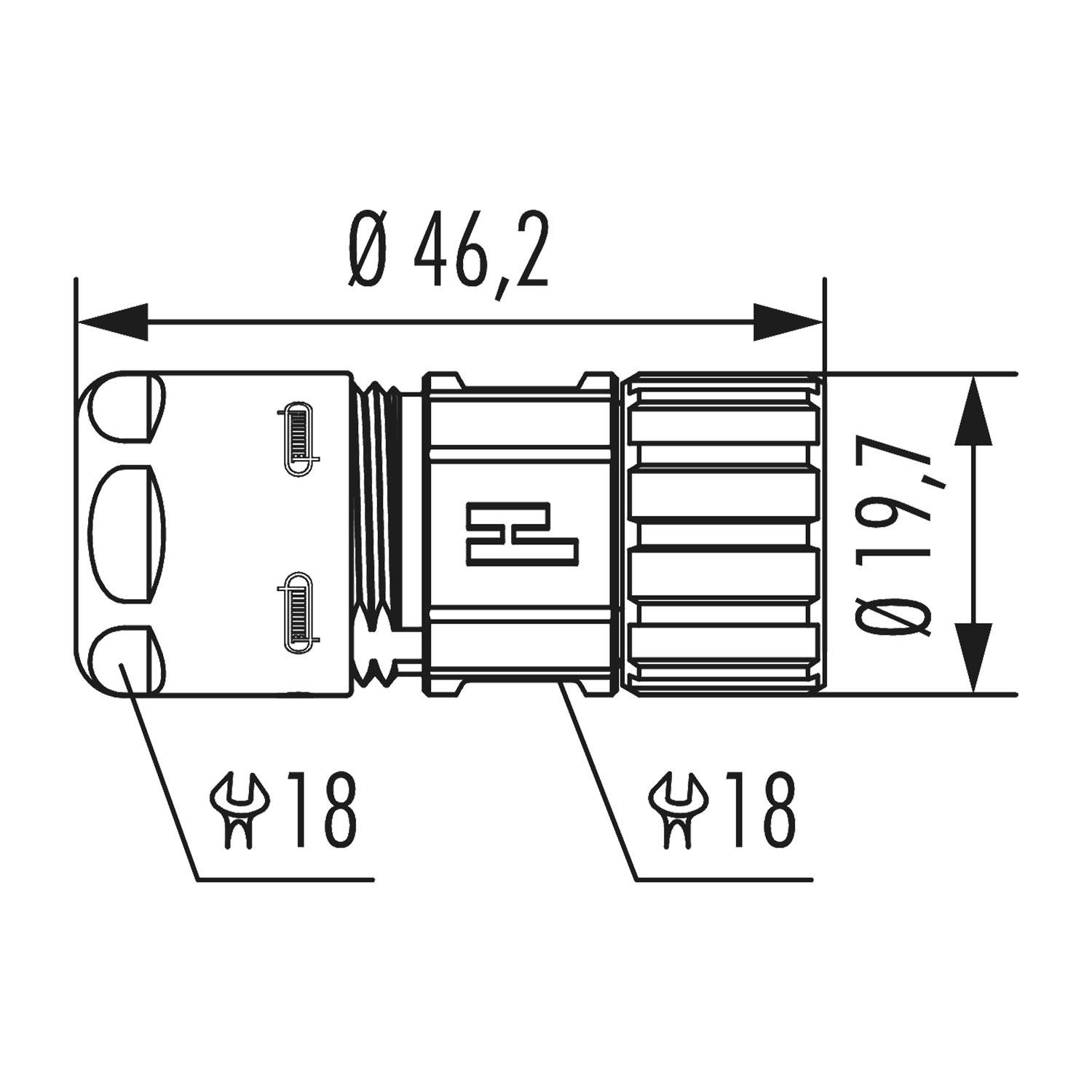 Technische Zeichnung eines Zylindersteckers mit einem Durchmesser von 46,2 mm und 19,7 mm, mit sechseckigen Anschlüssen, gekennzeichnet mit Schlüsselweite 18.