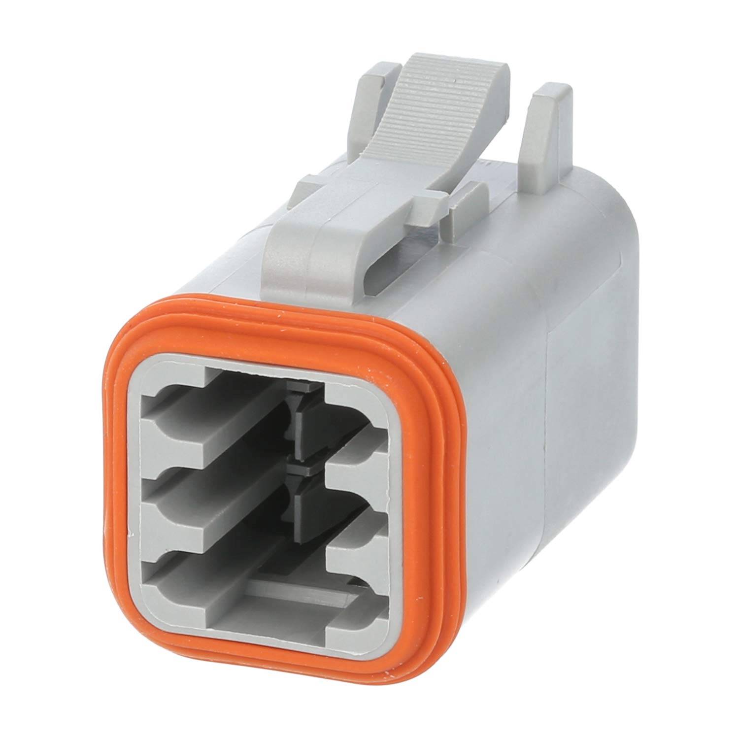 Ein grauer rechteckiger elektrischer Verbinder mit einer orangefarbenen Dichtung, ausgestattet mit einem Verriegelungsmechanismus und mehreren inneren Schlitzen für Kabelführung.