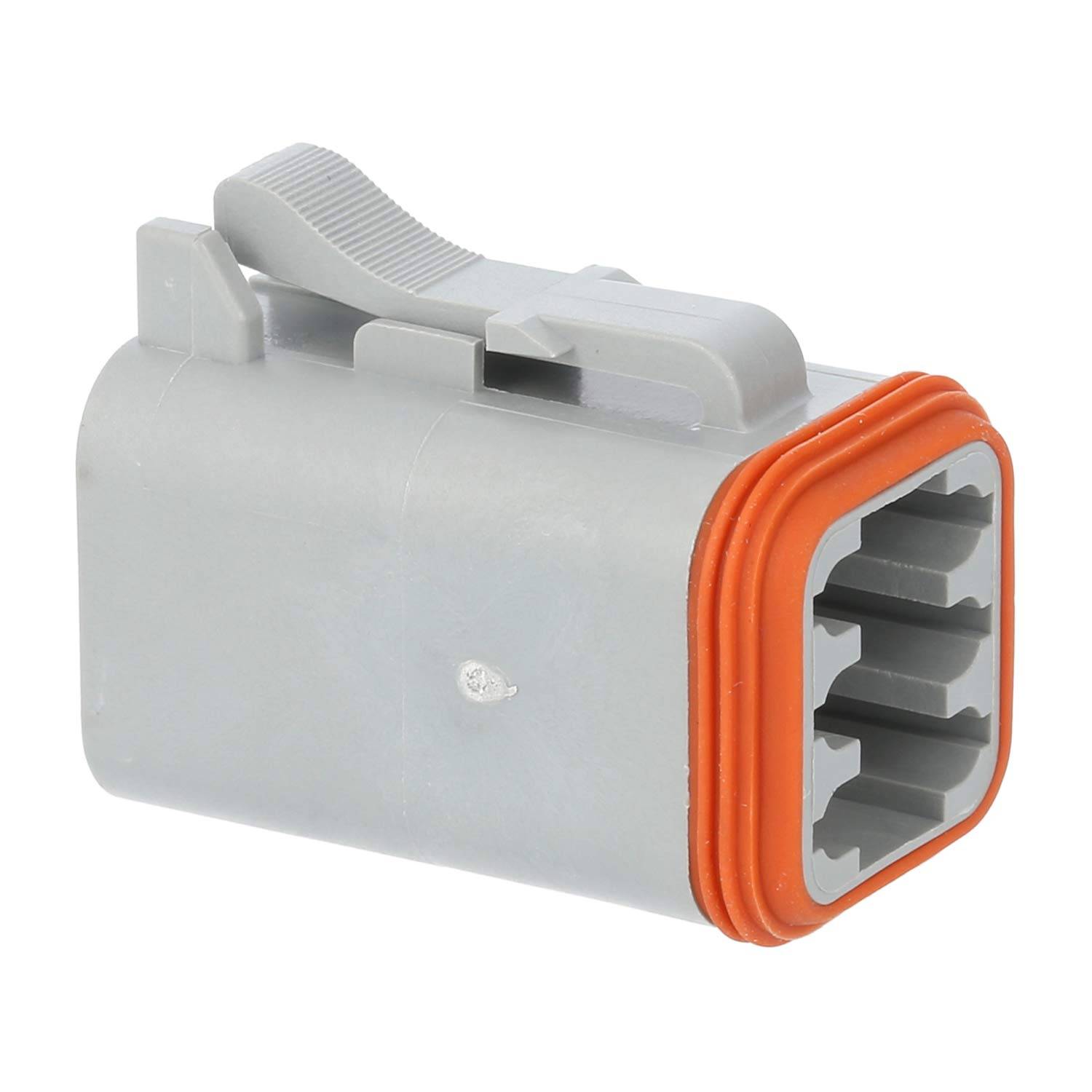 Ein grauer elektrischer Anschluss mit einer orangefarbenen Gummidichtung, der fünf Steckplätze für Kabelverbindungen aufweist.