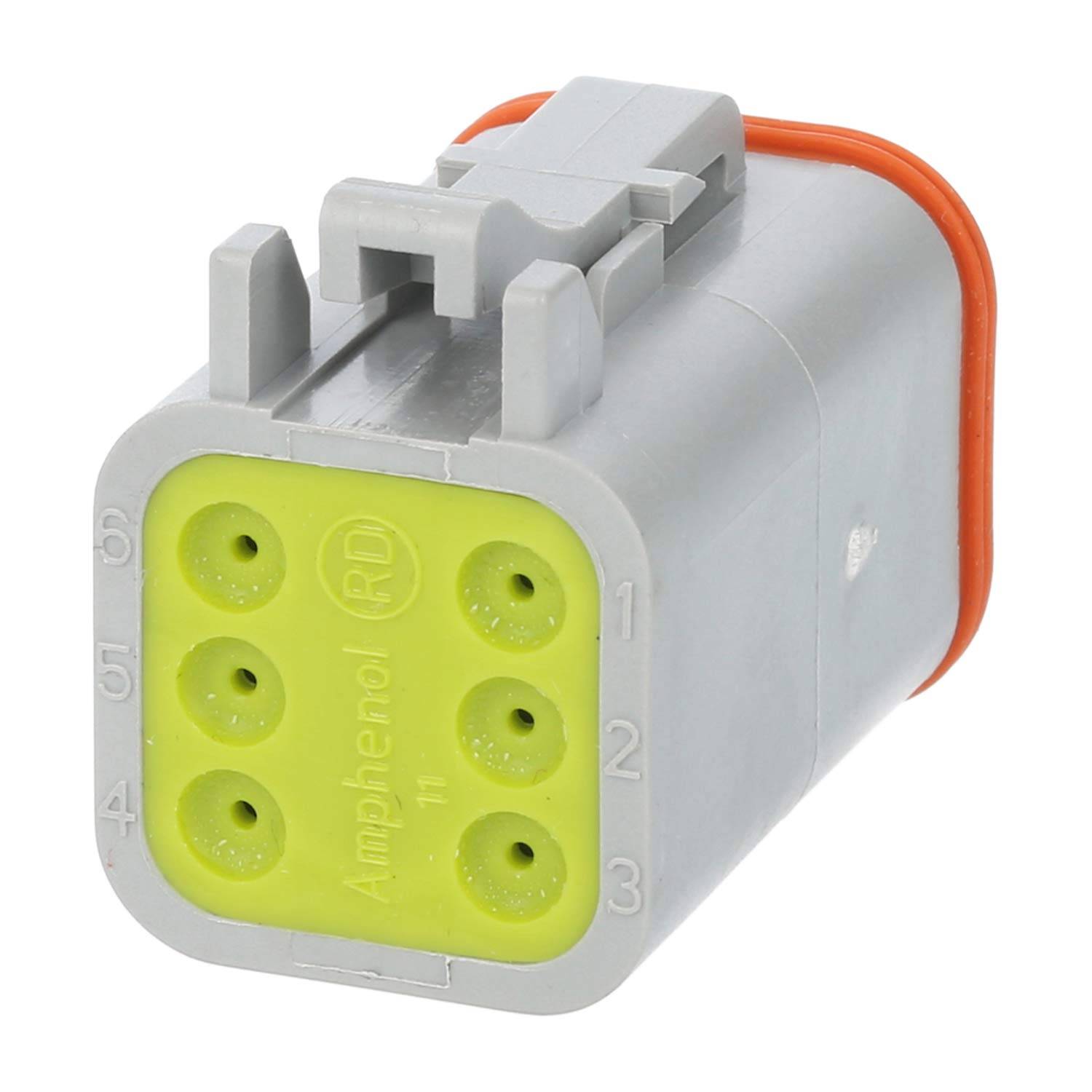 Ein grauer elektrischer Verbinder mit sechs nummerierten kreisrunden Löchern, die in zwei Reihen angeordnet sind, und einem grünen Innenbereich.