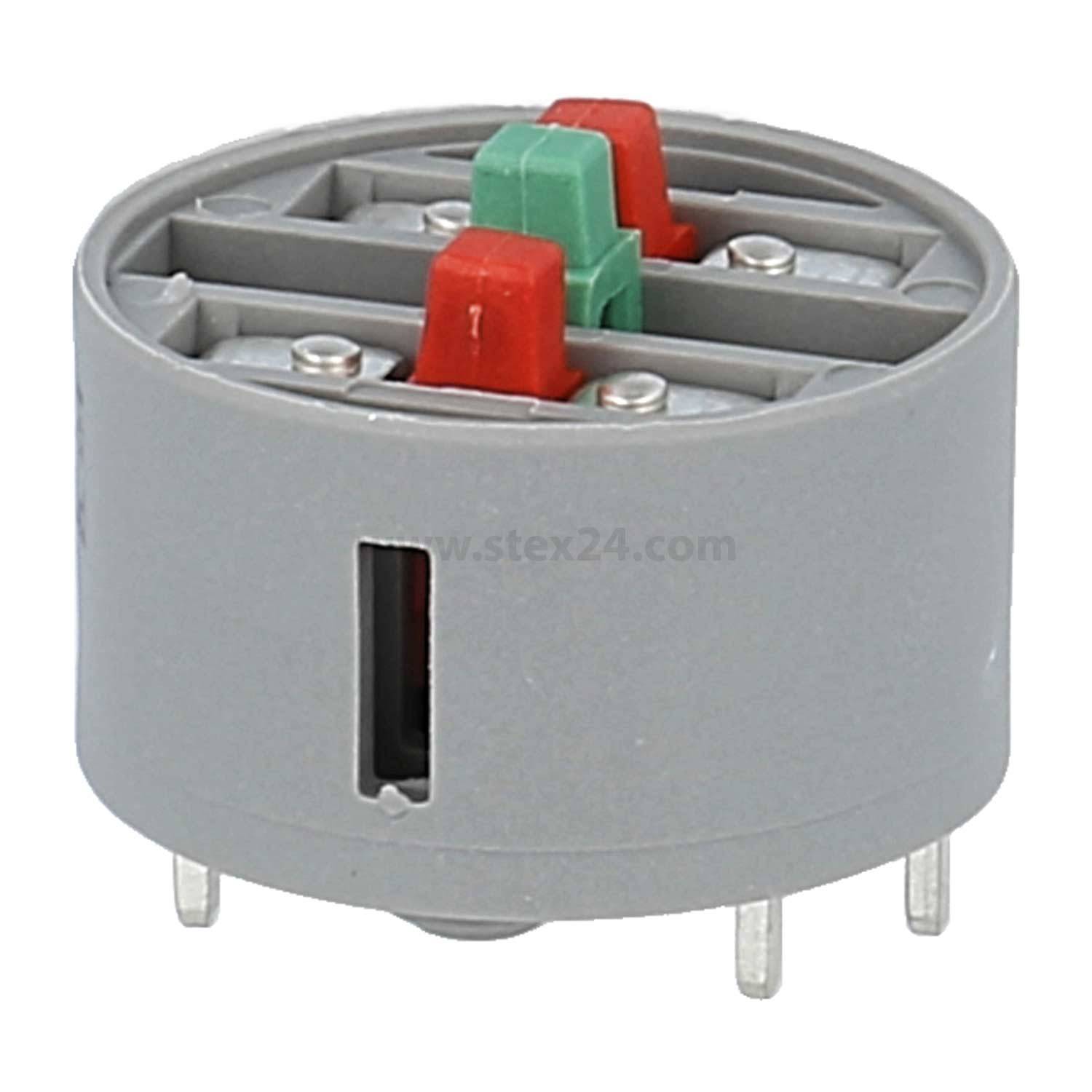 Grauer zylindrischer Drehschalter mit roten und grünen Tasten, für elektronische Geräte konzipiert, mit mehreren Anschlusspins an der Basis.