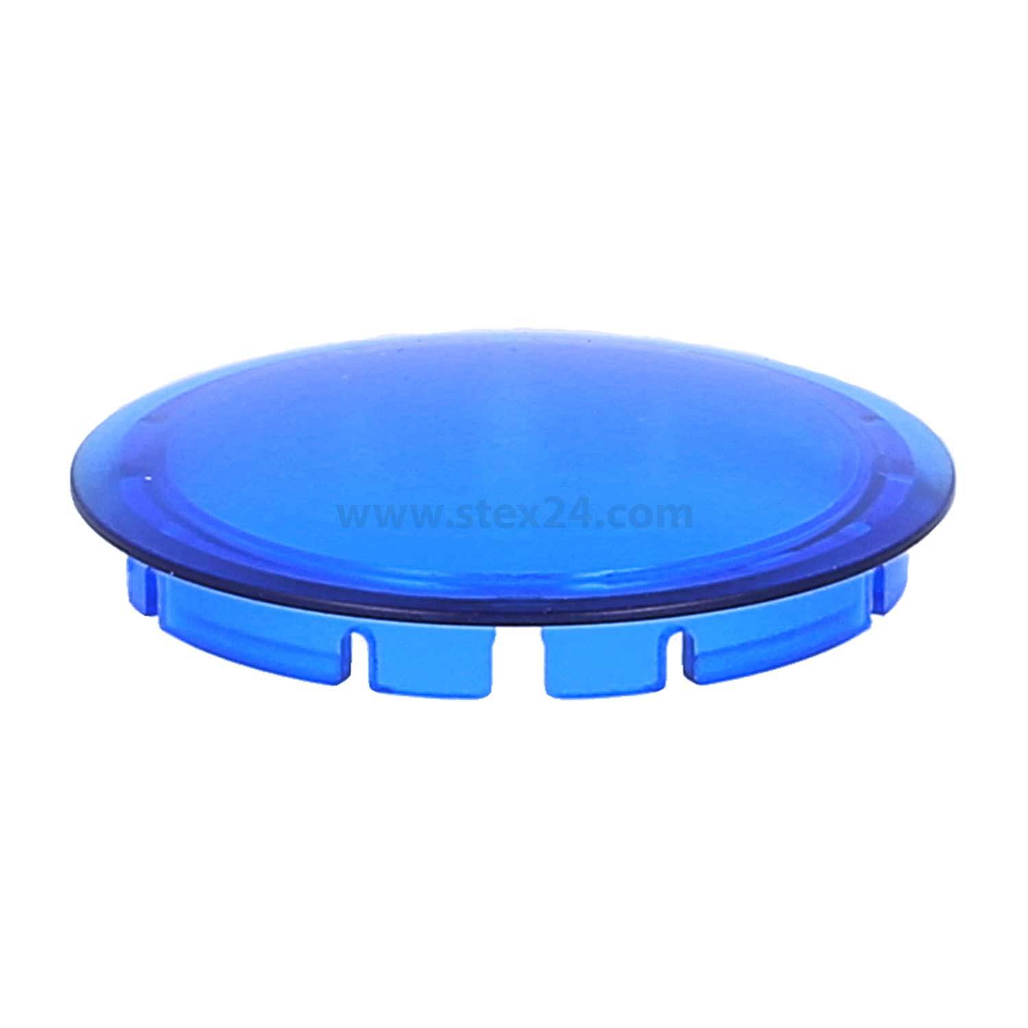 Eine runde blaue Plastikkappe mit flacher Oberseite und gerilltem Rand, wahrscheinlich als Deckel für einen Behälter verwendet.