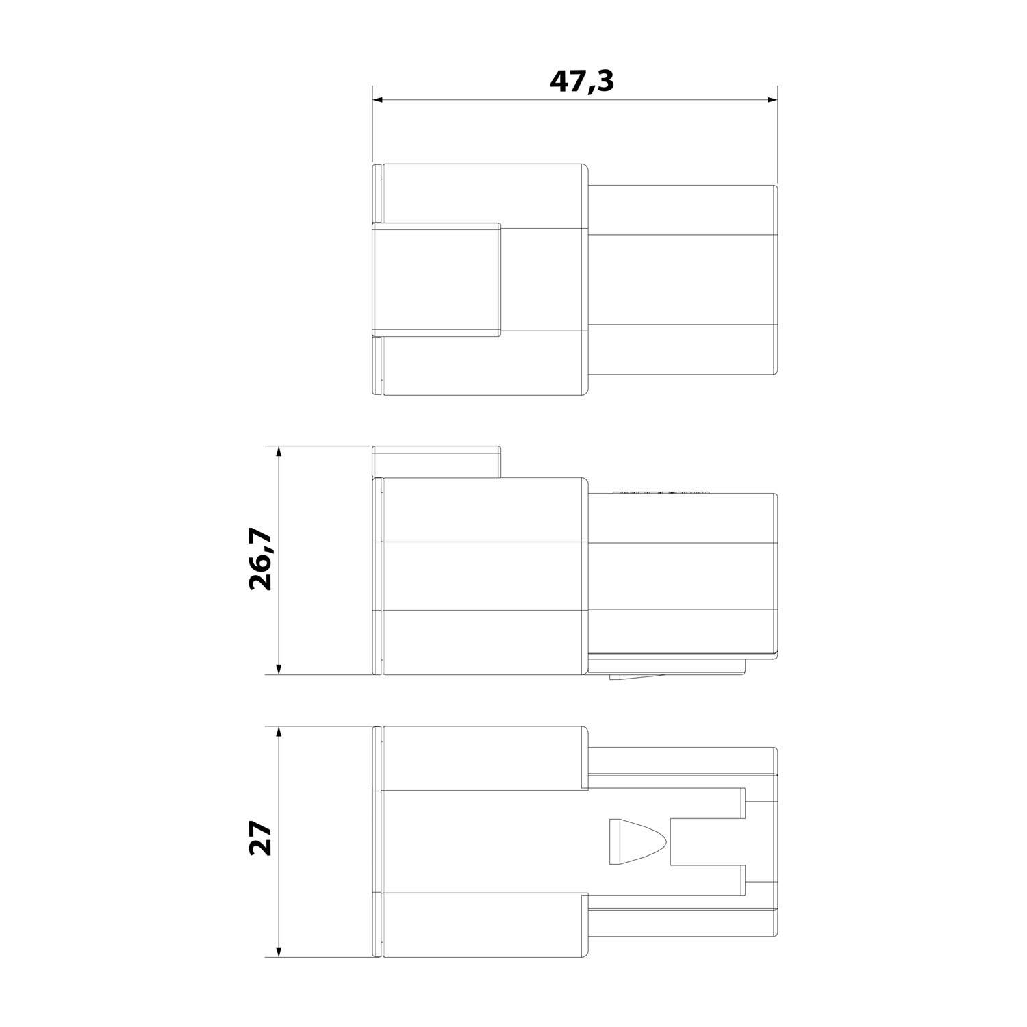 Drei Ansichten eines rechteckigen Verbinders mit Abmessungen: 47,3 mm Länge, 26,7 mm Höhe und 27 mm Breite, dargestellt in technischen Zeichnungen.