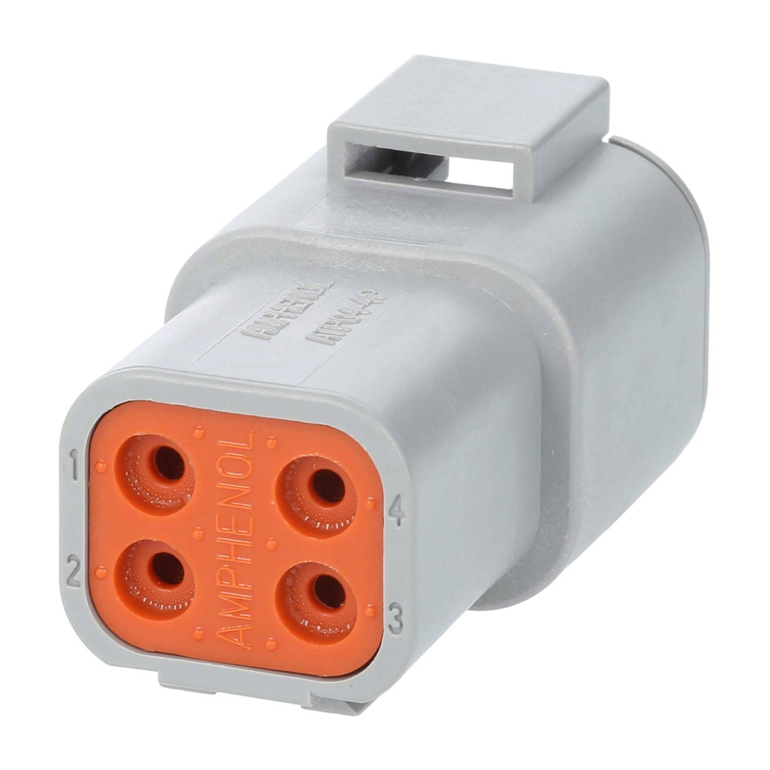 Ein grau-orangener Vier-Pin-Elektroverbinder der Marke 'Amphenol' mit beschrifteten Pinpositionen, dargestellt von der Seite und von oben.