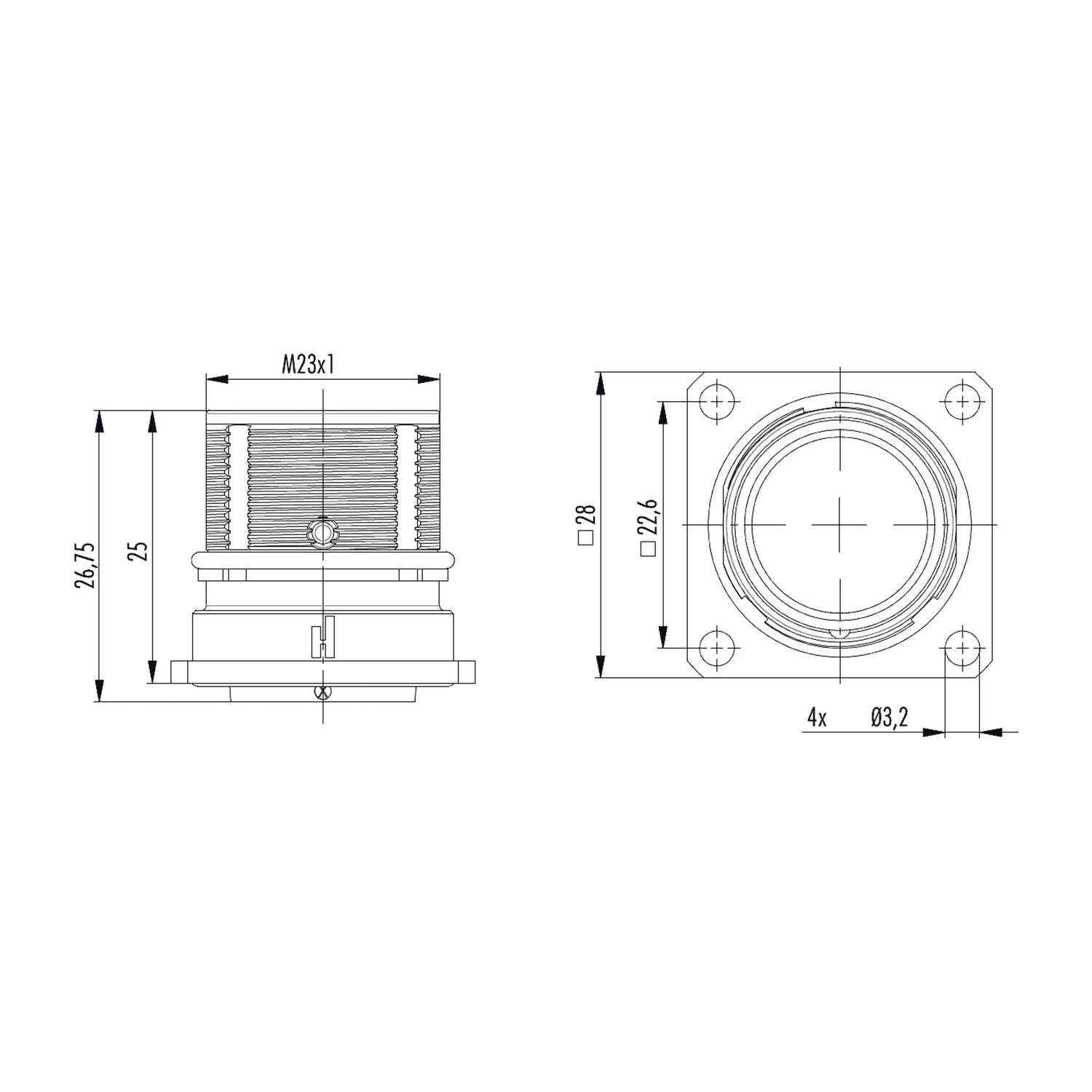 Technische Zeichnung eines Kreisverbinders mit Abmessungen: M23x1, 26,75 mm Höhe, 25 mm Tiefe, 4x Löcher, 93,2 mm Breite.