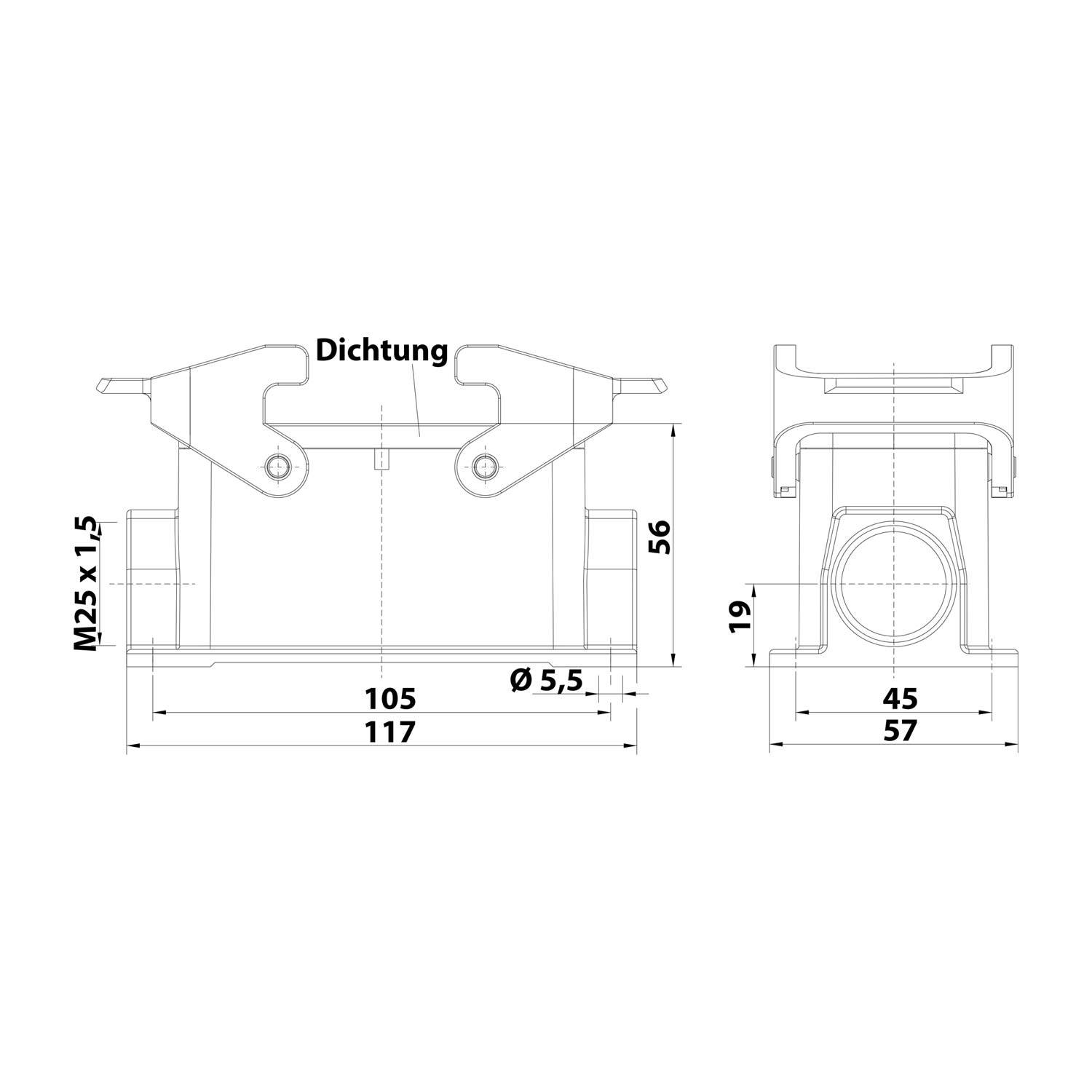 Eine technische Zeichnung einer mechanischen Komponente mit Vorder- und Seitenansicht und Maßangaben: Breite 105 mm, Tiefe 117 mm, Höhe 56 mm. Enthält Beschriftungen 'Dichtung', 'M25 x 1,5', 'Ø 5,5'.