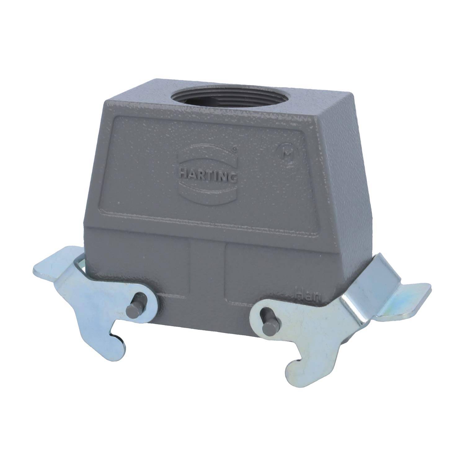 Ein rechteckiges, graues industrielles Anschlussgehäuse mit einem verschraubbaren Deckel und metallischen Seitenbefestigungen für sichere Befestigung.