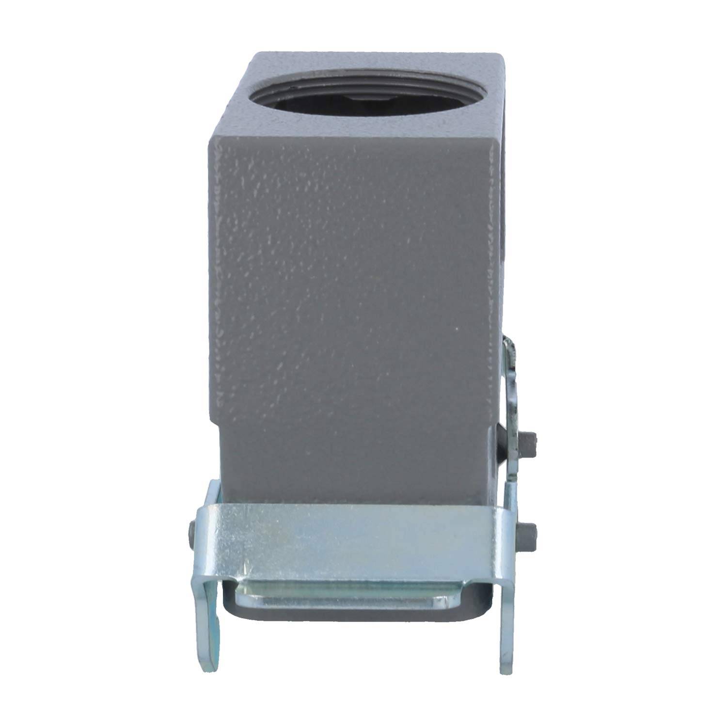 Eine graue, quadratische Metallhalterung mit einer kreisförmigen Aussparung an der Oberseite, die für Montagezwecke konzipiert ist.