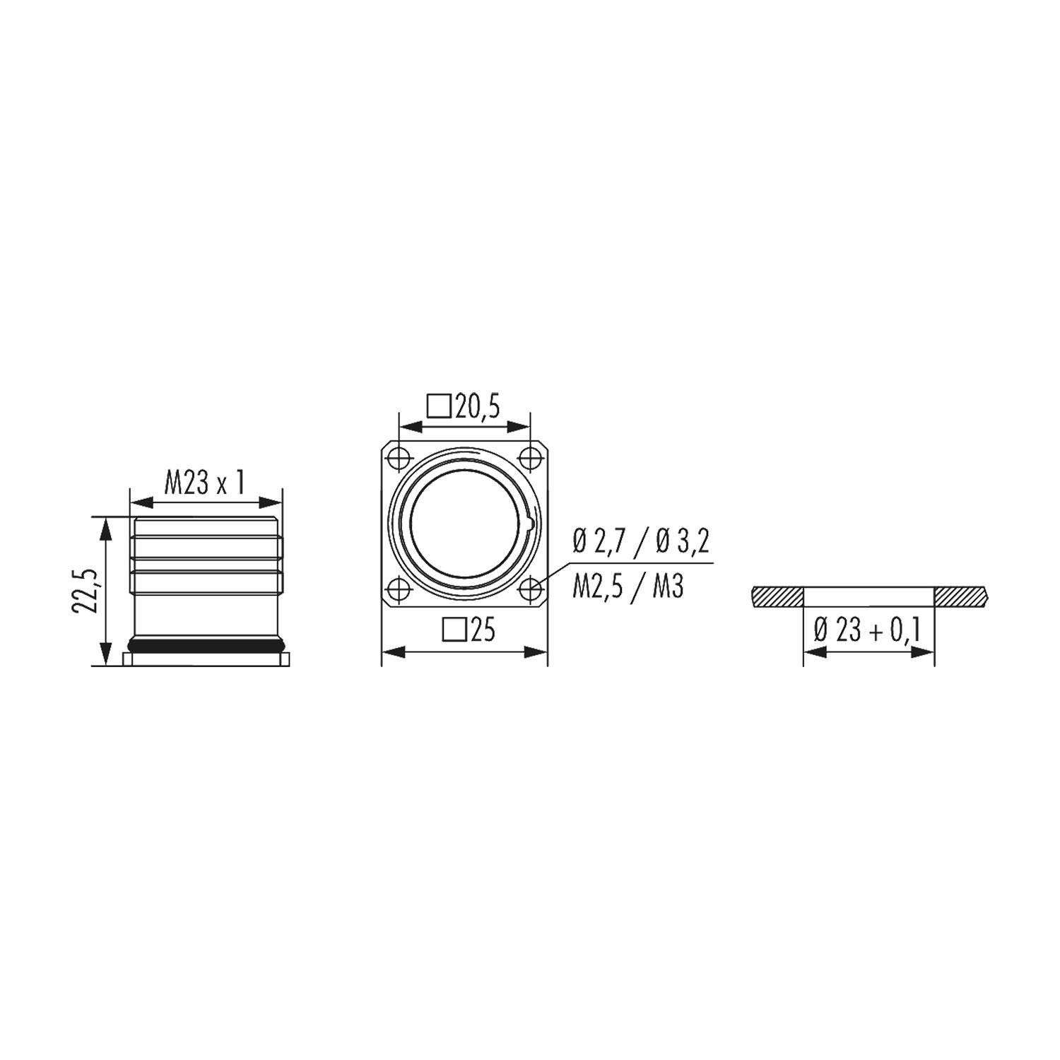 Technische Zeichnung einer zylindrischen Komponente mit Abmessungen: Höhe 22,5 mm, Durchmesser 23 mm, Montagedurchmesser 20,5 mm und Lochdurchmesser 2,7/3,2 mm.