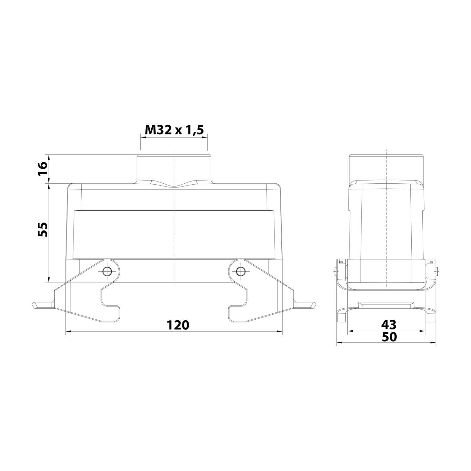 Technische Zeichnung eines mechanischen Bauteils mit Maßen. Breite: 120 mm, Höhe: 55 mm und Tiefe: 50 mm. Oberflächenmerkmal beschriftet mit 'M32 x 1.5'.