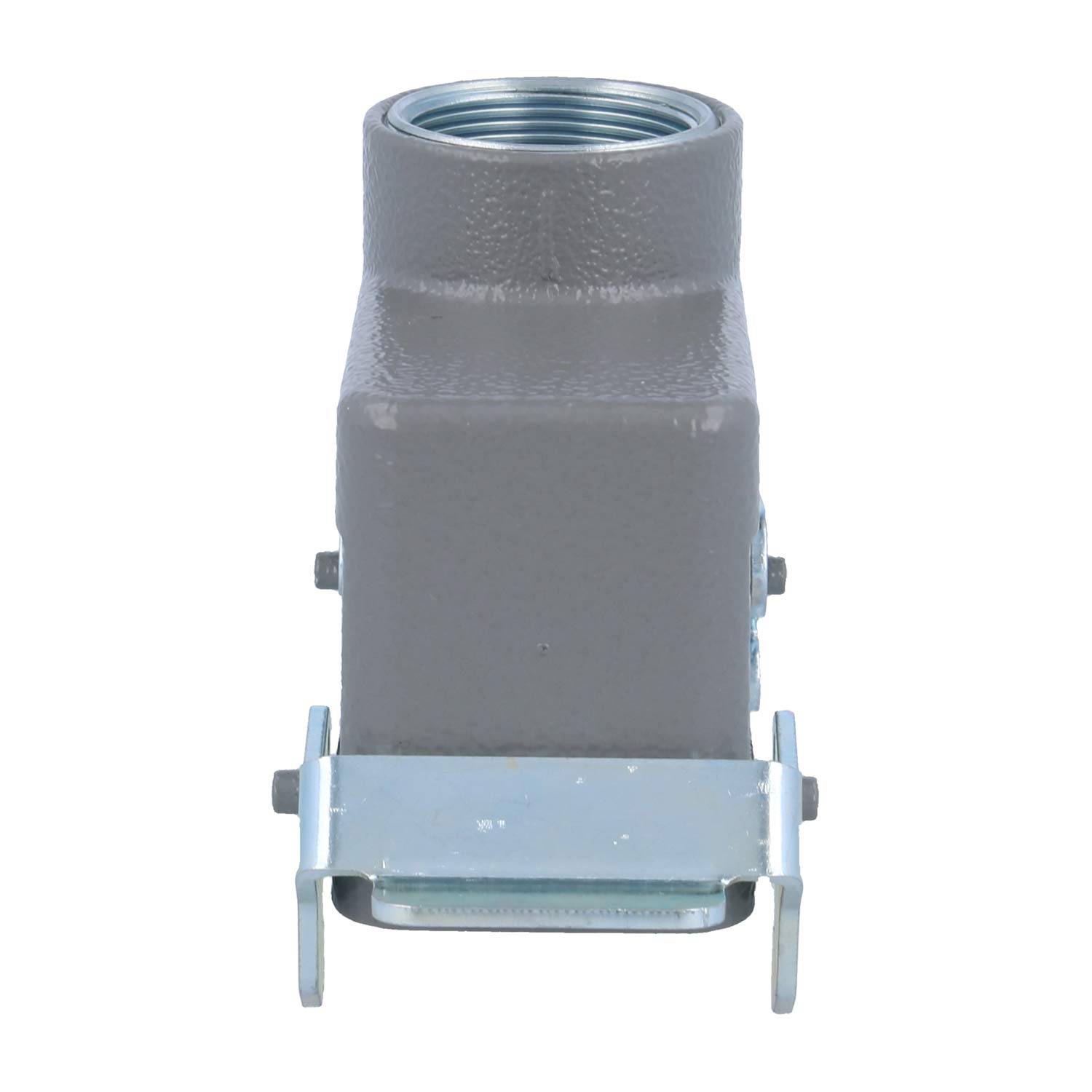 Eine graue elektrische Leitungseinführung mit einem gewindeten Auslass, ausgestattet mit einer Metallbefestigungshalterung am unteren Ende.