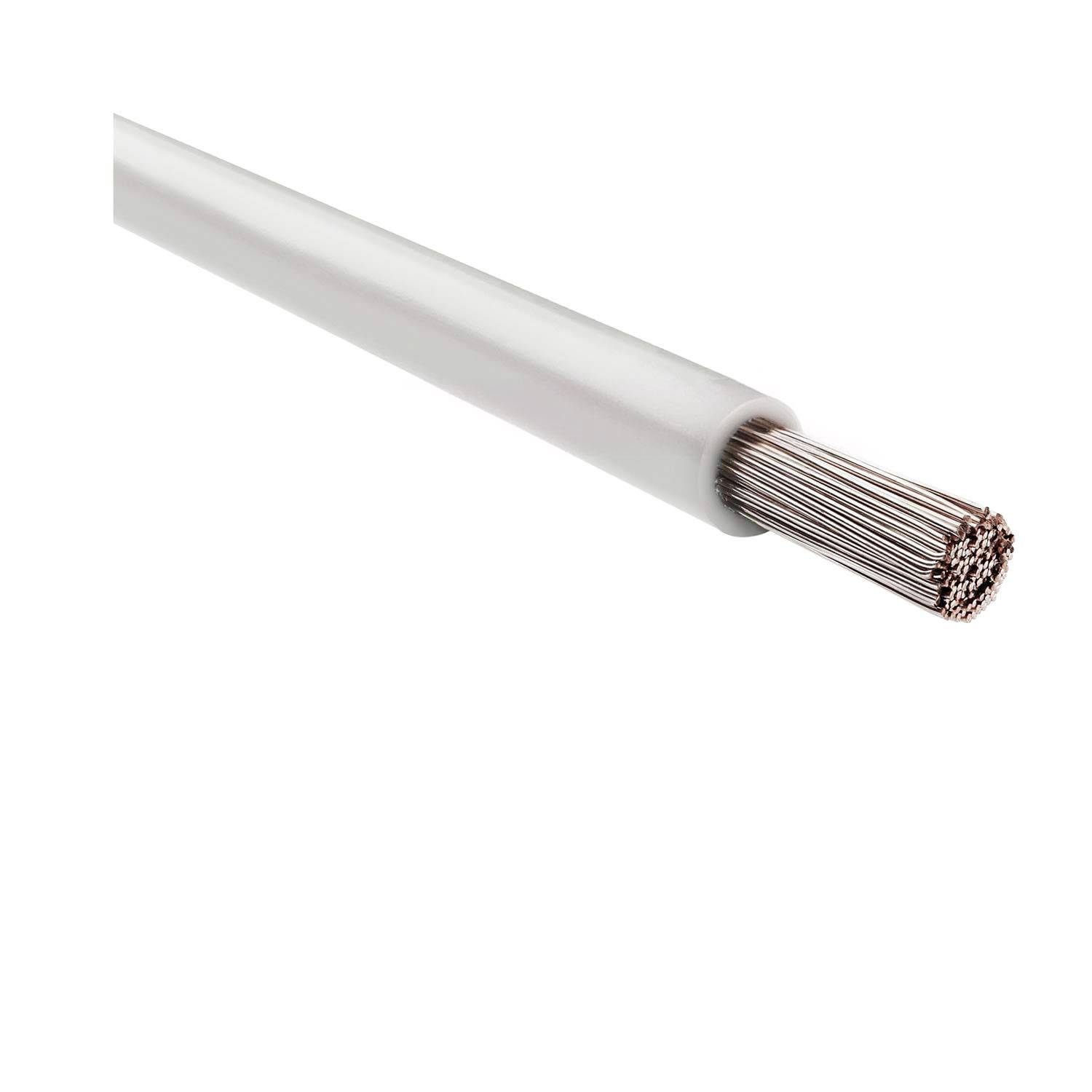 Nahaufnahme eines mehraderigen elektrischen Kabels, das an einem Ende teilweise abisoliert ist und die Kupferleitungen freilegt, vor einem schlichten weißen Hintergrund.