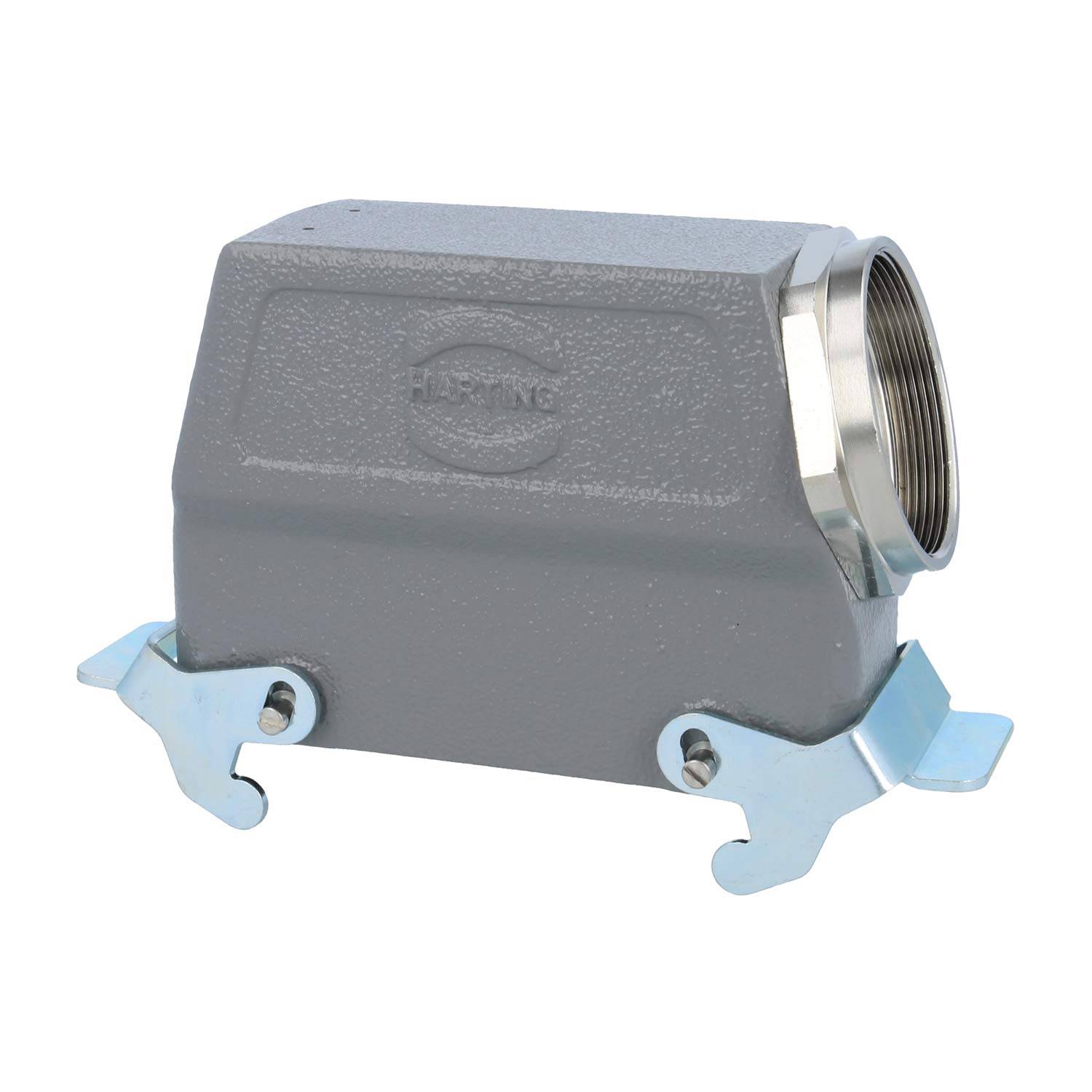 Ein rechteckiges graues industrielles Anschlussgehäuse mit Metallverriegelungen und externem Gewinde an der oberen Öffnung.