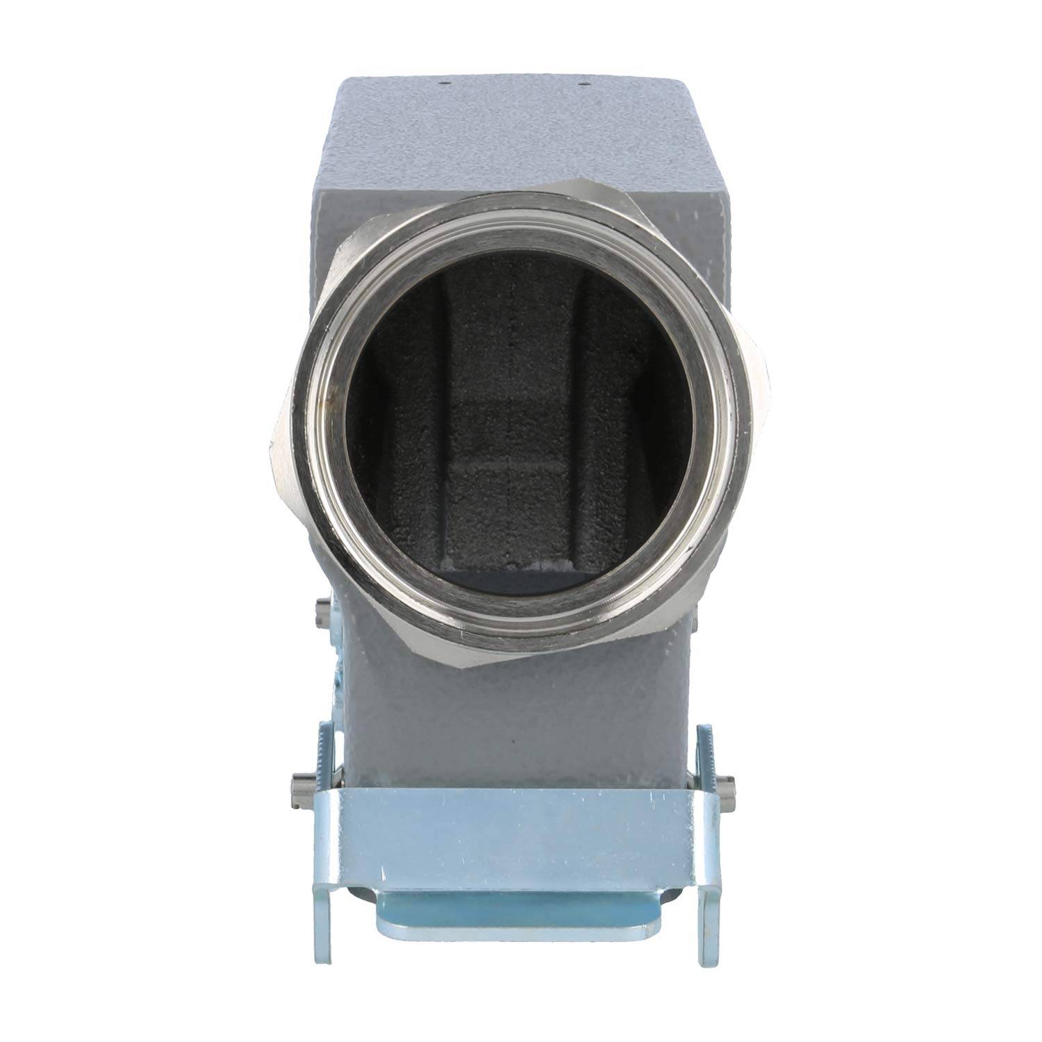 Ein metallisches industrielles Anschlussgehäuse, von vorne betrachtet. Die Öffnung ist kreisrund, umgeben von einer sechseckigen Basis, mit blauer Ummantelung.