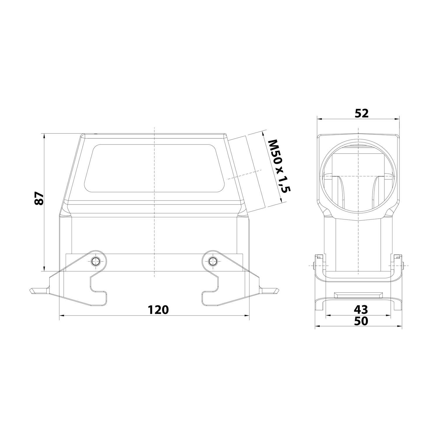 Technische Zeichnung einer Maschinenkomponente mit Vorder- und Seitenansicht und Abmessungen: 87 mm Höhe, 120 mm Breite und mit M50x1,5 gekennzeichnet.