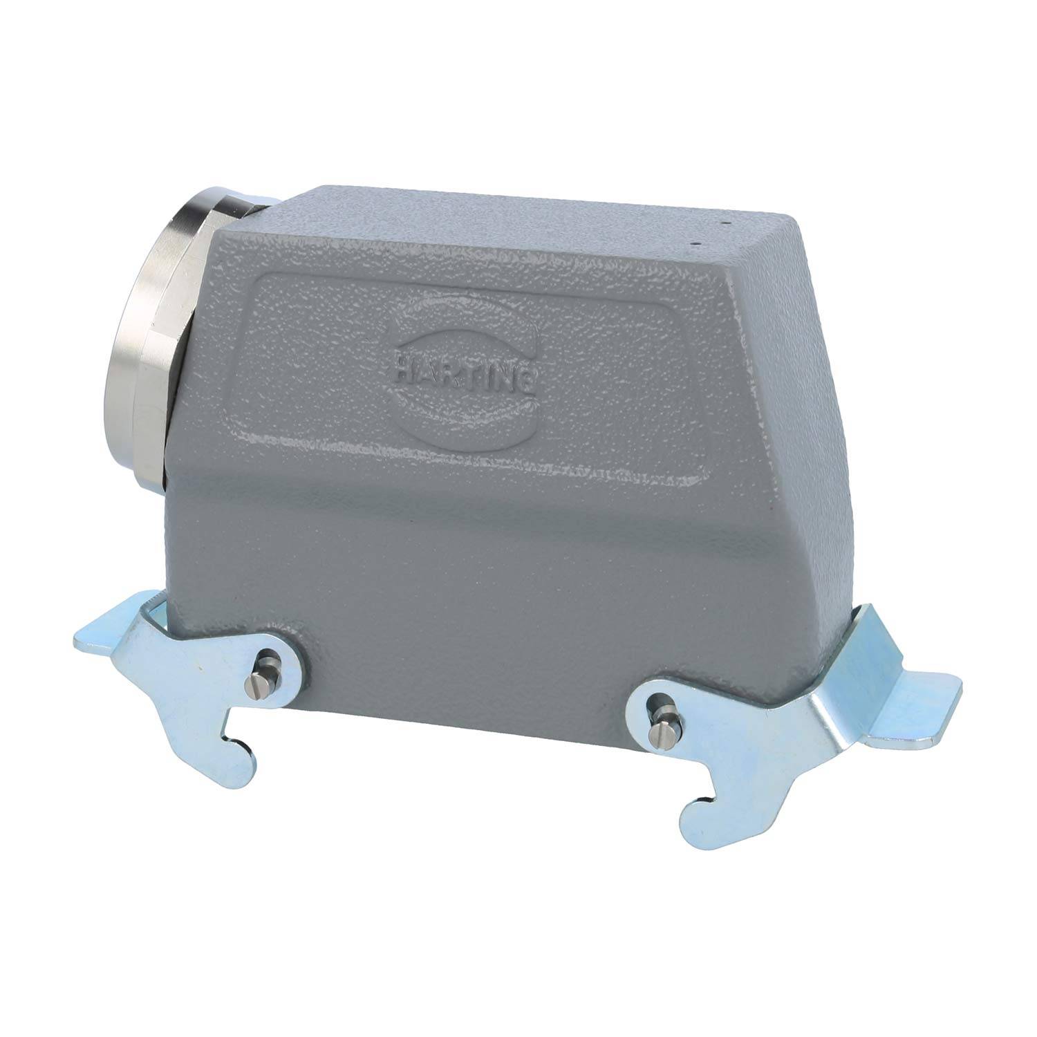 Rechteckiges graues industrielles Anschlussgehäuse mit Metallverriegelungen, mit der Markierung 'HARTING', geeignet für elektrische Anwendungen.