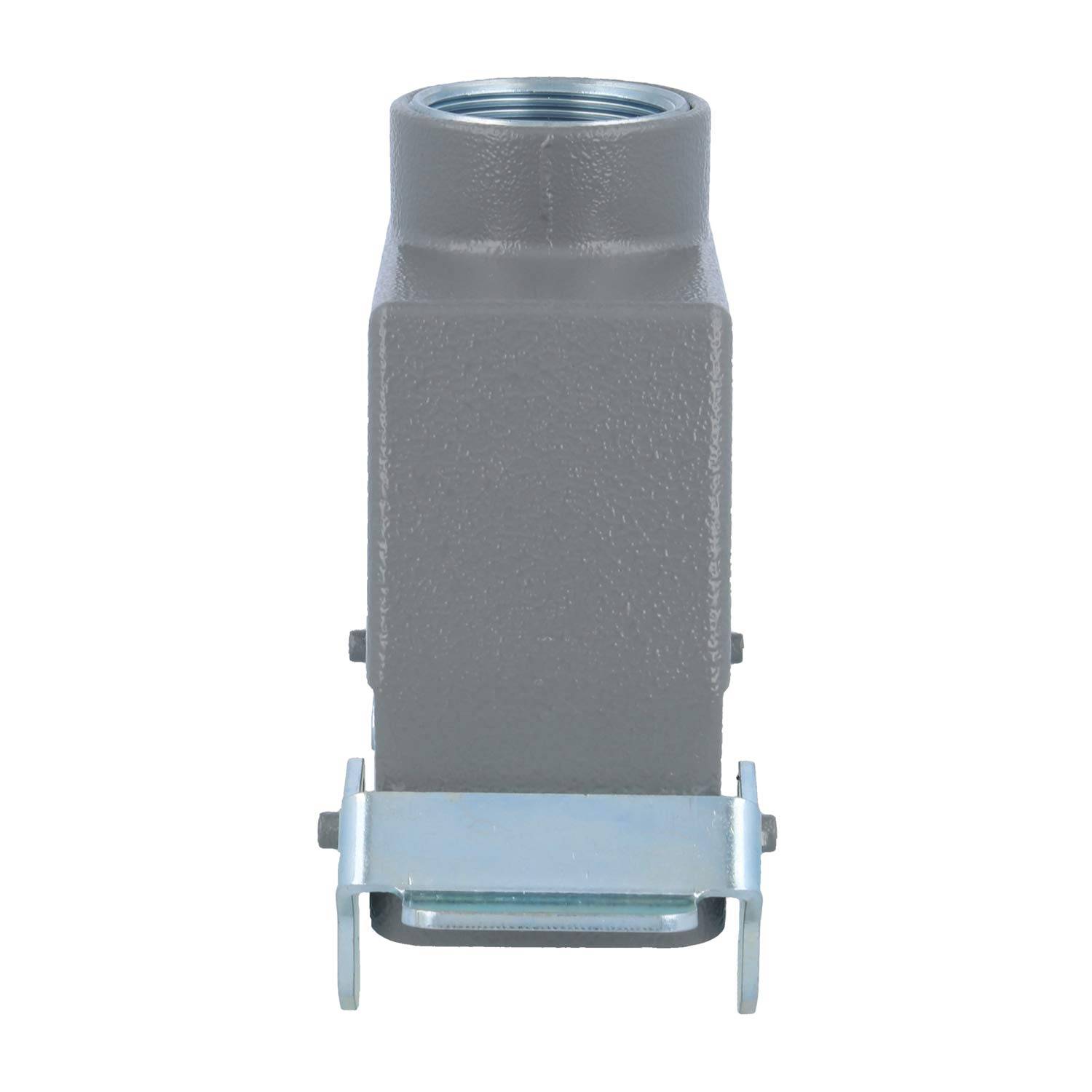 Ein grauer industrieller Anschlussgehäuse mit Metallverriegelungsmechanismus, entwickelt für sichere elektrische Verbindungen, von vorne dargestellt.